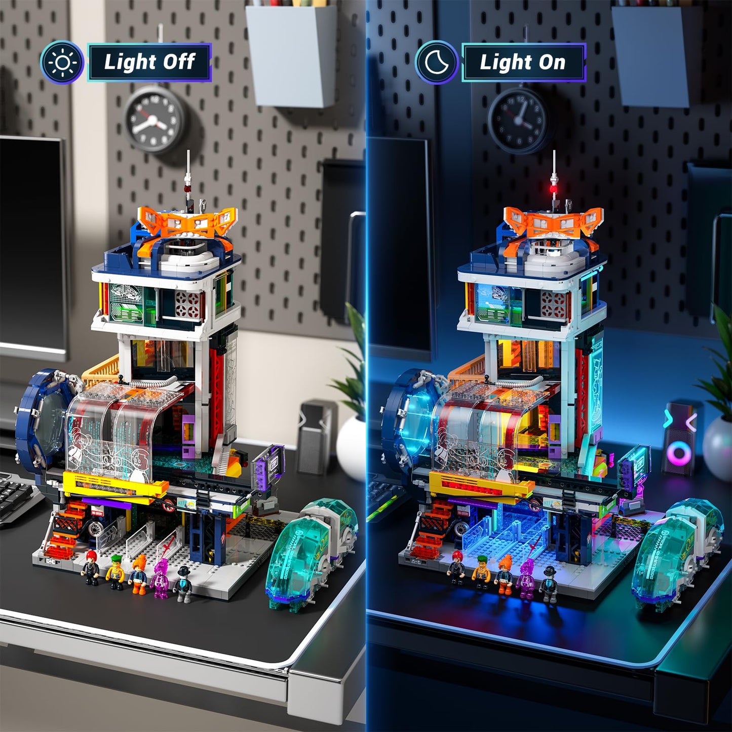 Lumibricks Cyberpunk Floating-Train-Station Lighting-Building-Bricks Set - Cyberpunk City Future Levitation Train Station Street View Collection LED Light Model 2760 Pcs for Adults and Sci-fi Lovers