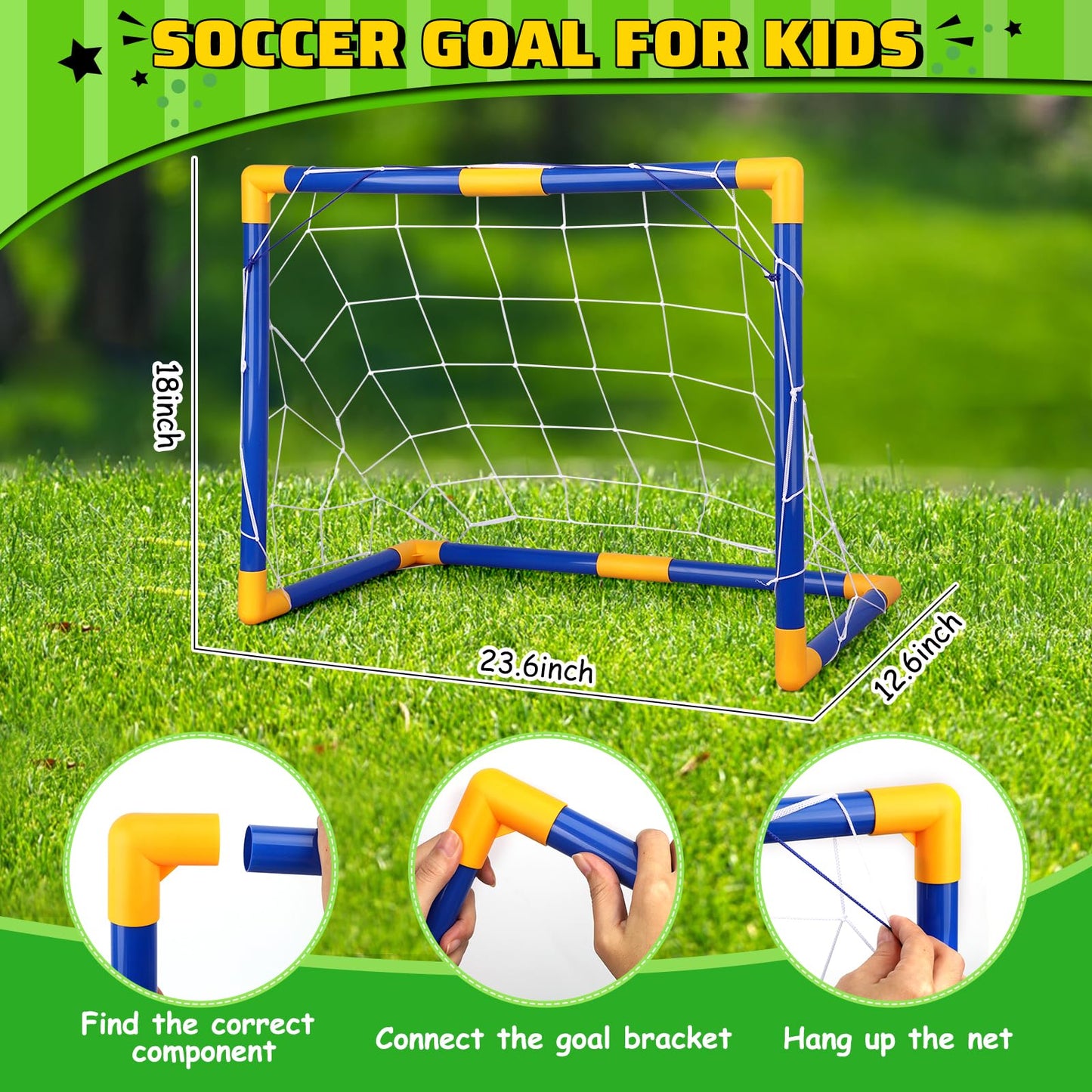 Mini Soccer Goal Set with 3 Ball Pump for Toddler Kid, Small Portable Goals Training Equipment for Garden Indoor Outdoor Backyard, Birthday Gift for Boy Girl Sports Toy Family Game 23" W×18" H×12" D