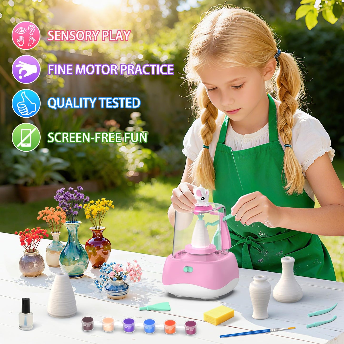 Mini Pottery Wheel for Kids - Pottery Painting Craft Kit with 2.3in Turntable, Clay, Flowers, Mess Free Arts and Crafts for Kid Ages 8-12, Birthday Christmas Gift Toy for Girls Ages 6-12+, Pink