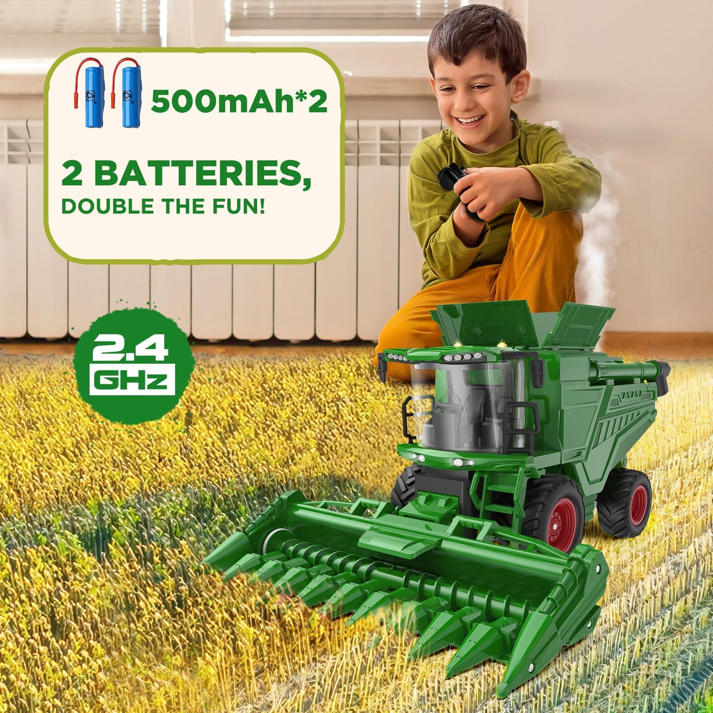 Uarzt Remote Control Combine Harvester Tractor Toy with Corn Head, RC Tractor Toys for Kids 3+, Light/Spray/Sound/1/24 Scale, Farm Toy Combine Harvester for Kids, Christmas Birthday Gift