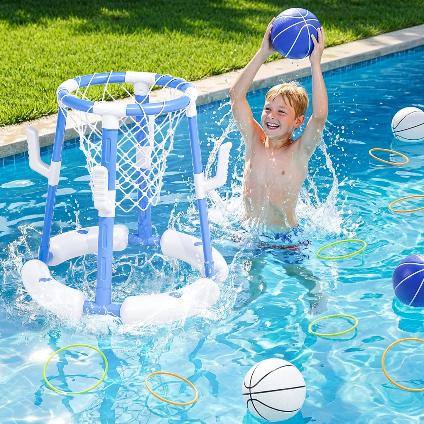 Pool Basketball Hoop&Ring Toss Game 2-in-1 Floating Pool Toy with 4 Balls 8 Rings&Pump,Outdoor Swimming Basketball Party Games Water Play Toy Anti-Tip Stable Base Summer Gift for Kid 4-8 8-12& Adult