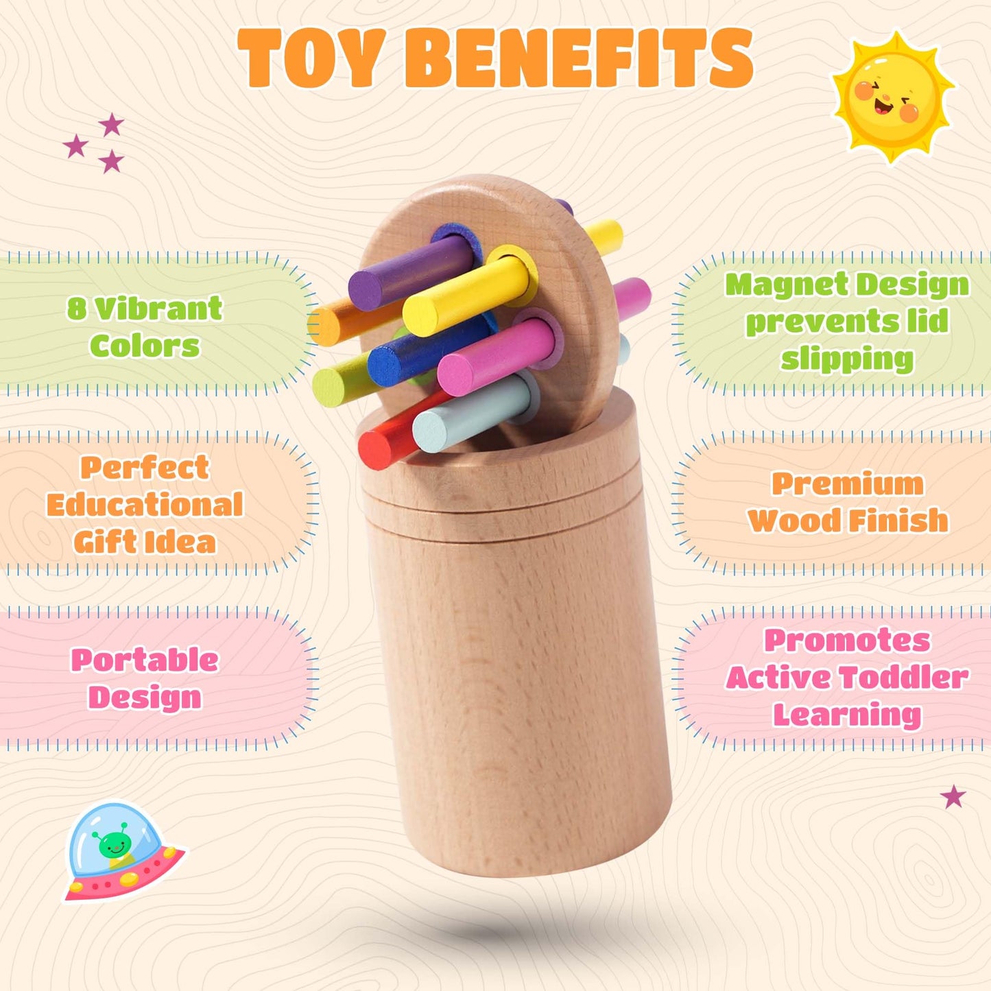 YAANI Montessori Toys for 1-3 Year Old: Wooden Sorting Sticks Toys for Toddlers Age 1 2 3, Fine Motor Developmental Infants Sensory Matching Games, Busy Board 18 Month Old Baby Boys Girls Gifts