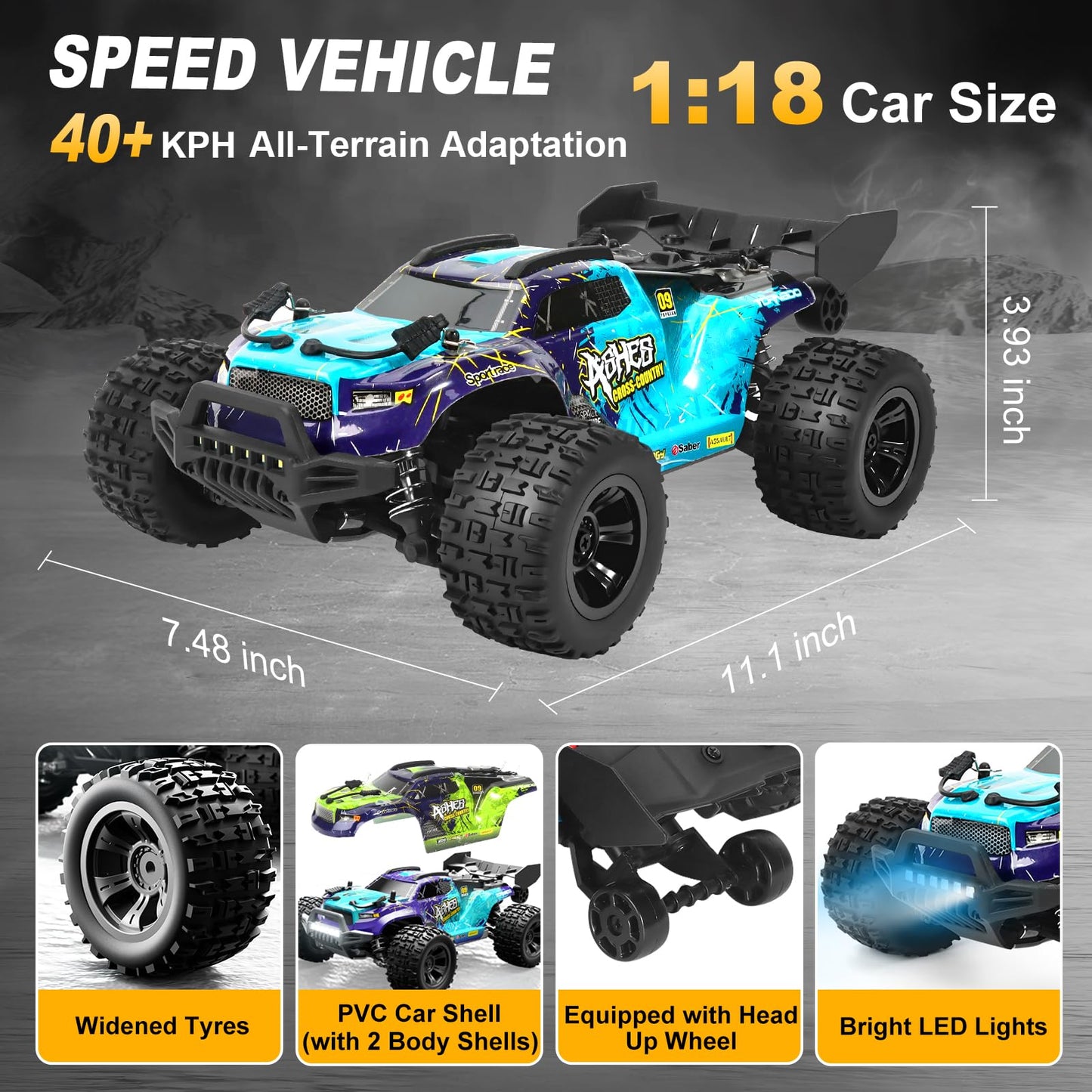 TWIKOMI 1:18 Scale All-Terrain RC Car for Adults - 40+KM/H High Speed 4WD Off-Road Remote Control Truck with 2 Rechargeable Batteries, 2.4GHz Electric Toy Vehicle Gift for Teens and 14+ (1:18 Scale)