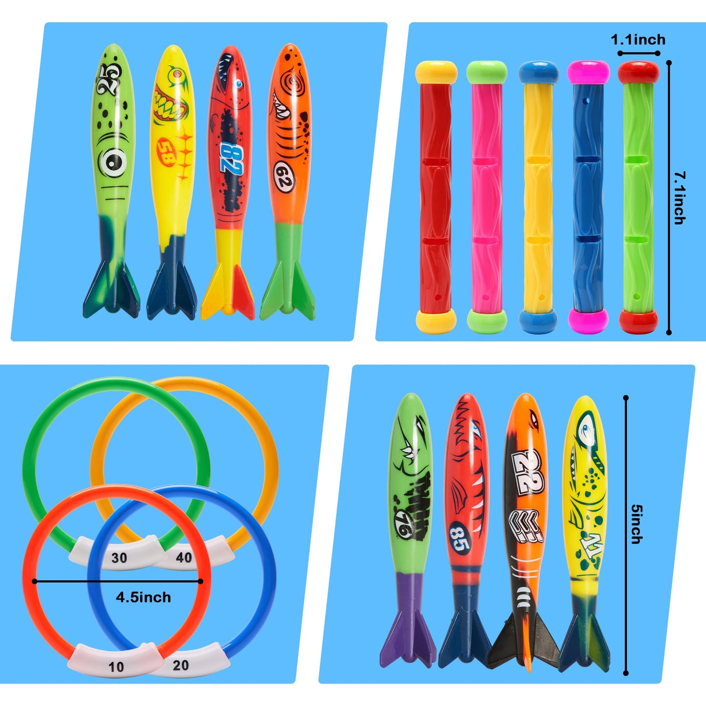 PARENTSWELL 17 Pcs Pool Diving Toys for Kids Adults, Swimming Pool Toy Set Includes 8 Dive Torpedos, 5 Diving Sticks & 4 Diving Rings for Swim Pool Games, Water Fun Games