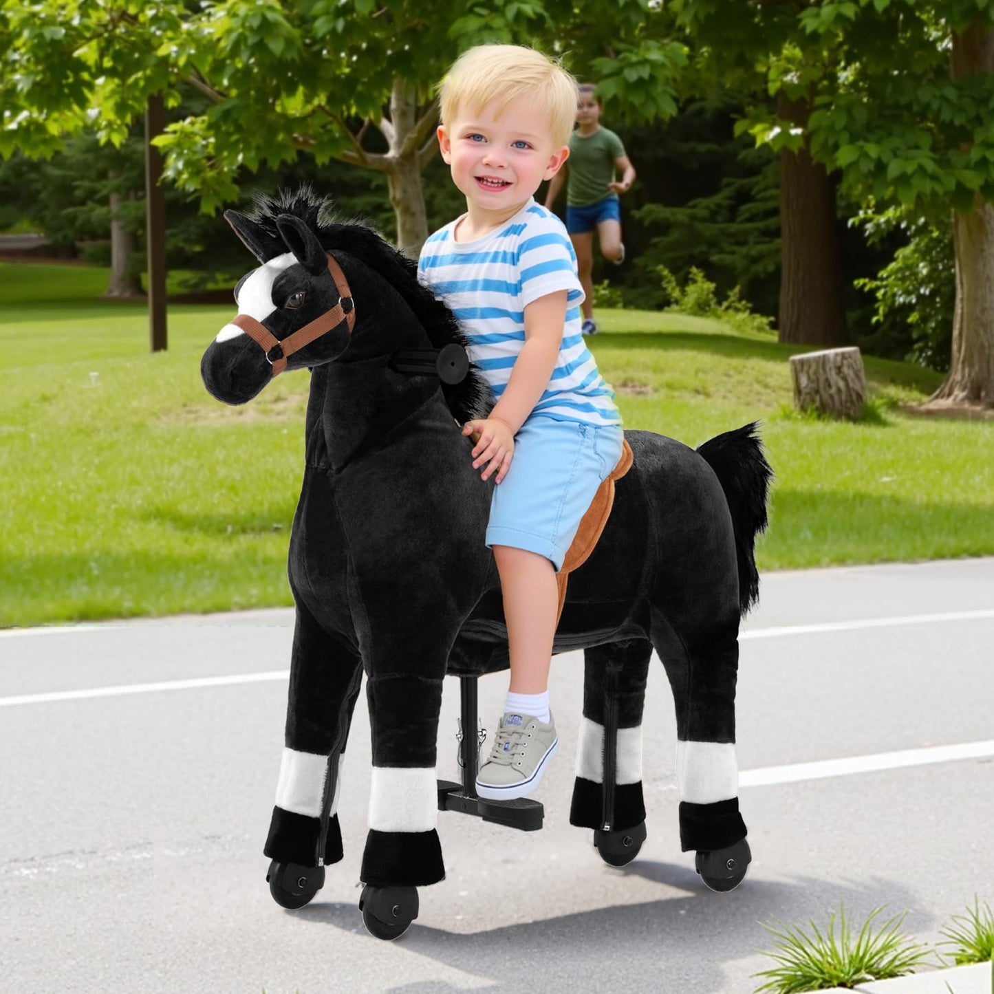Pipleo Ride on Horse for Kids, (42.5'' Height) Horse Ride on Toy, Riding Horse Rider Mechanical Walking Action Plush Animal for 6 Years Old to Adult, No Battery or Electricity, Max Load 187 LBS - BK