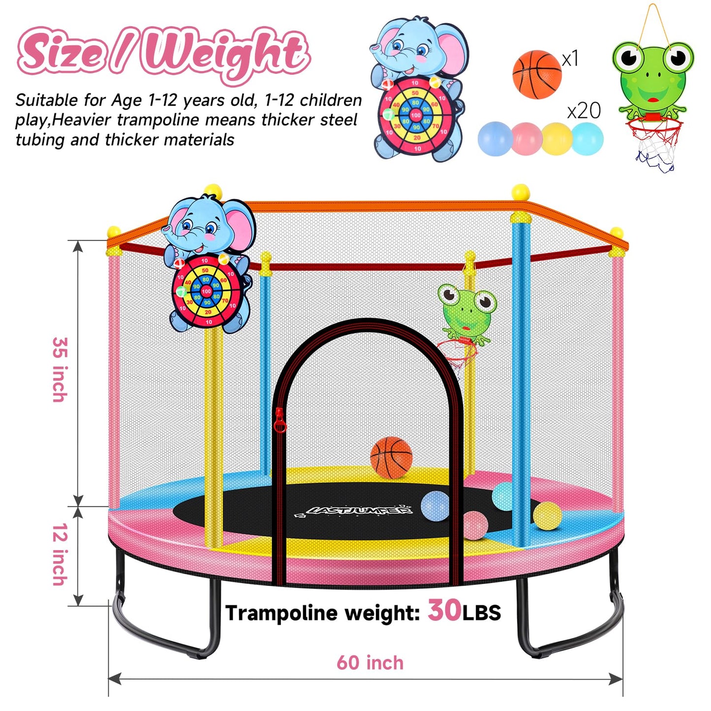 LASTJUMPER 60''/5ft Pink Toddler Trampoline Indoor，Small Trampoline for Kids with Safety Enclosure, Basketball Hoop & Ocean Balls, Birthday for Toddlers 1-3
