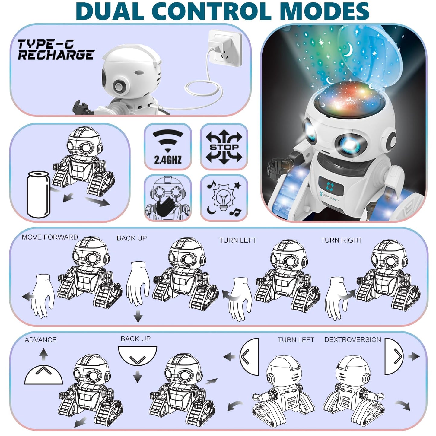 Aikmi Robot Toys for Kids 5-7, Rechargeable Remote Control Robot with Projector Night Light for Kids, Gesture Sensor, Music, Toys for 6 Year Old Boys Girls Birthday Present Boy Toy (White)
