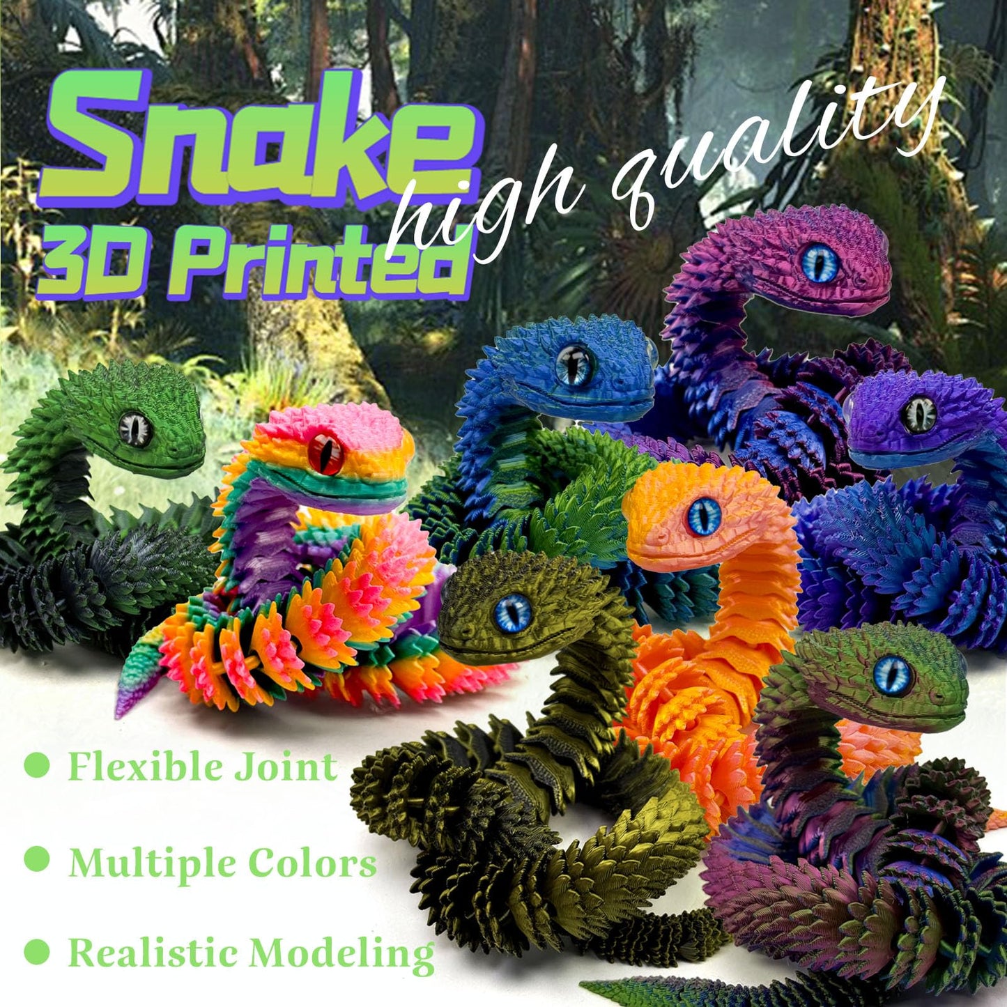KAMOVNY 5PCS 18Inch 3D Printed Snake,Articulated Crystal Snakes Figures for Stress Relief, Creative Desk Decor Idea for Kids Adults(Combination 1)