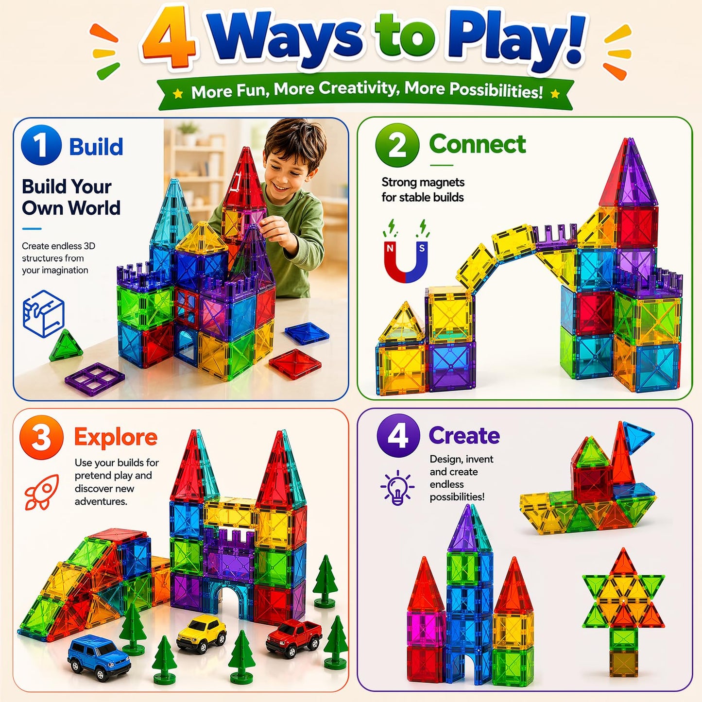 LATI 130-Piece Magnetic Tiles Building Toy Large Set for Kids,Magnetic Building Blocks Construction Set,Open-Ended Play STEM Educational Toy,Compatible with Other Brands,Gift for Boys & Girls Ages 3–8
