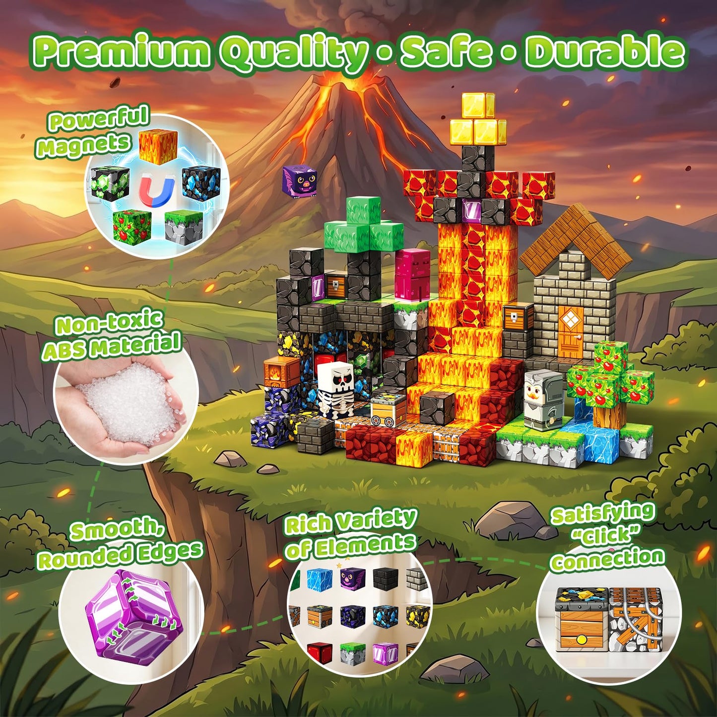 Tasalia 200PCS Magnetic Building Blocks for Kids Ages 3+, 0.8 Inch Magnetic Blocks, Magnetic Cubes Toys, STEM Educational Stacking Blocks for Boys Girls, Perfect Holiday Birthday Gift(Volcano Sword)