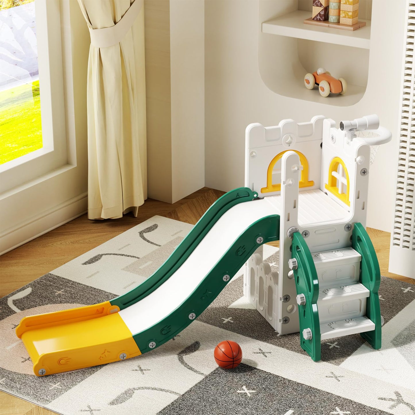 MOCUTEEN 6 in 1 Toddler Slide,Baby Playset for Indoor Outdoor Playground with Basketball Hoop,Storage and Telescope,Climbing Toys for Toddler Playground Playset