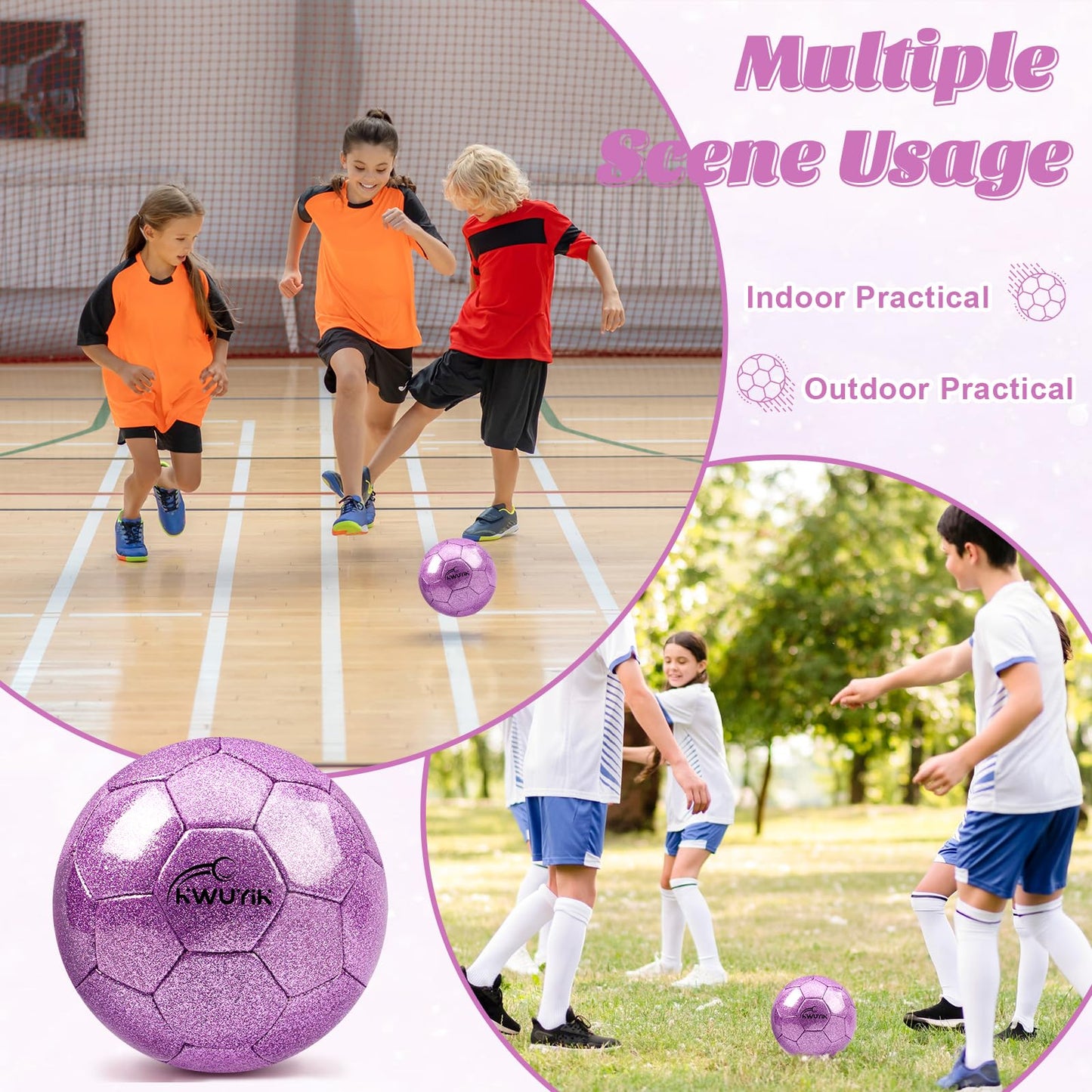OKWUYiK Size 5 Glitter Purple Soccer Ball Set with Pump Soccer Ball for Youth Adults Training Toddler Soft Sports Outdoor Training for Back to School Toddler Gift Practice