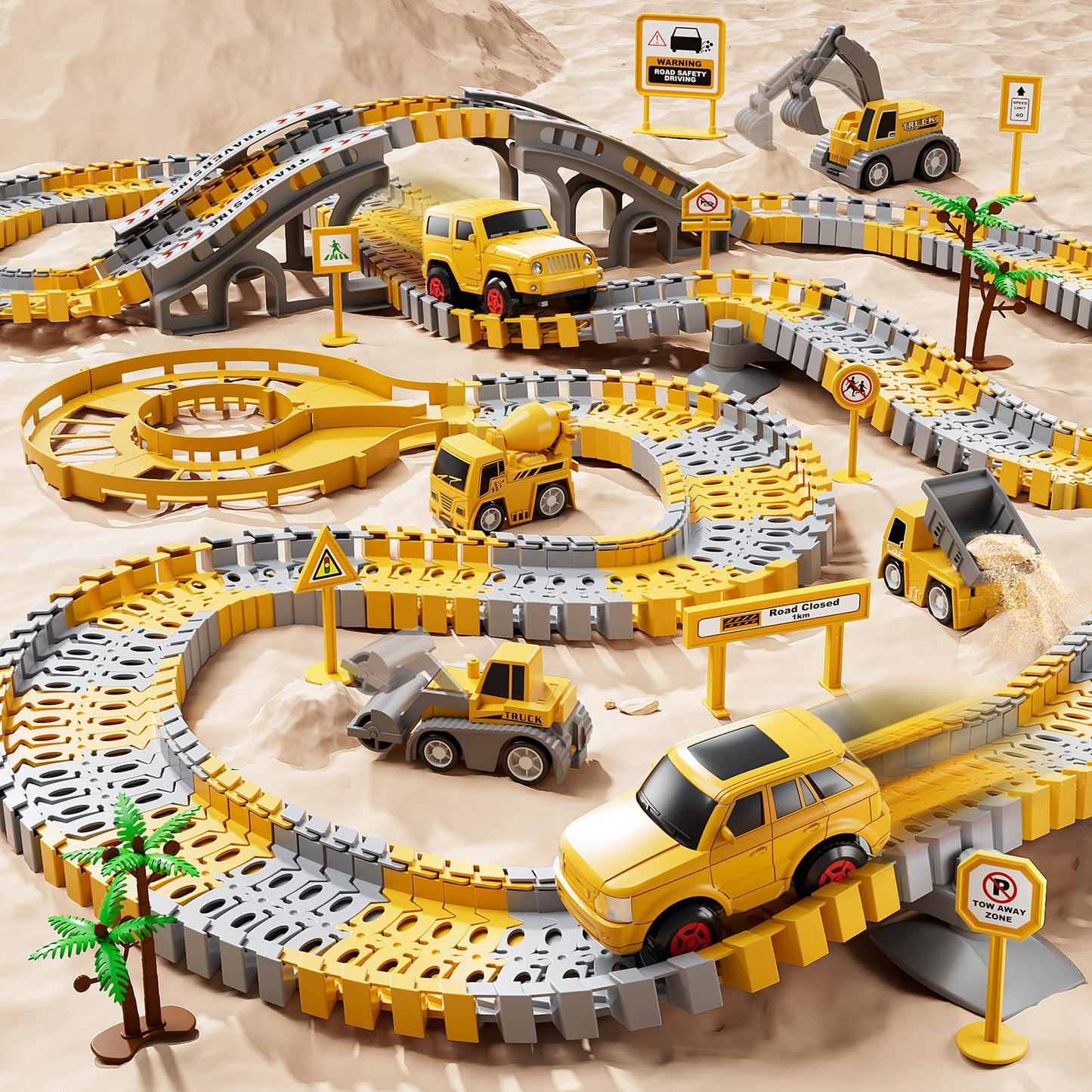 iHaHa Toddlers Construction Race Tracks Toys Gifts for 3 4 5 6 Years Old Boys Kids, 2PCS Electric Race Cars & 4 PCS Construction Trucks, Birthday Gift Toys for Boys 2 3 4 5 6+