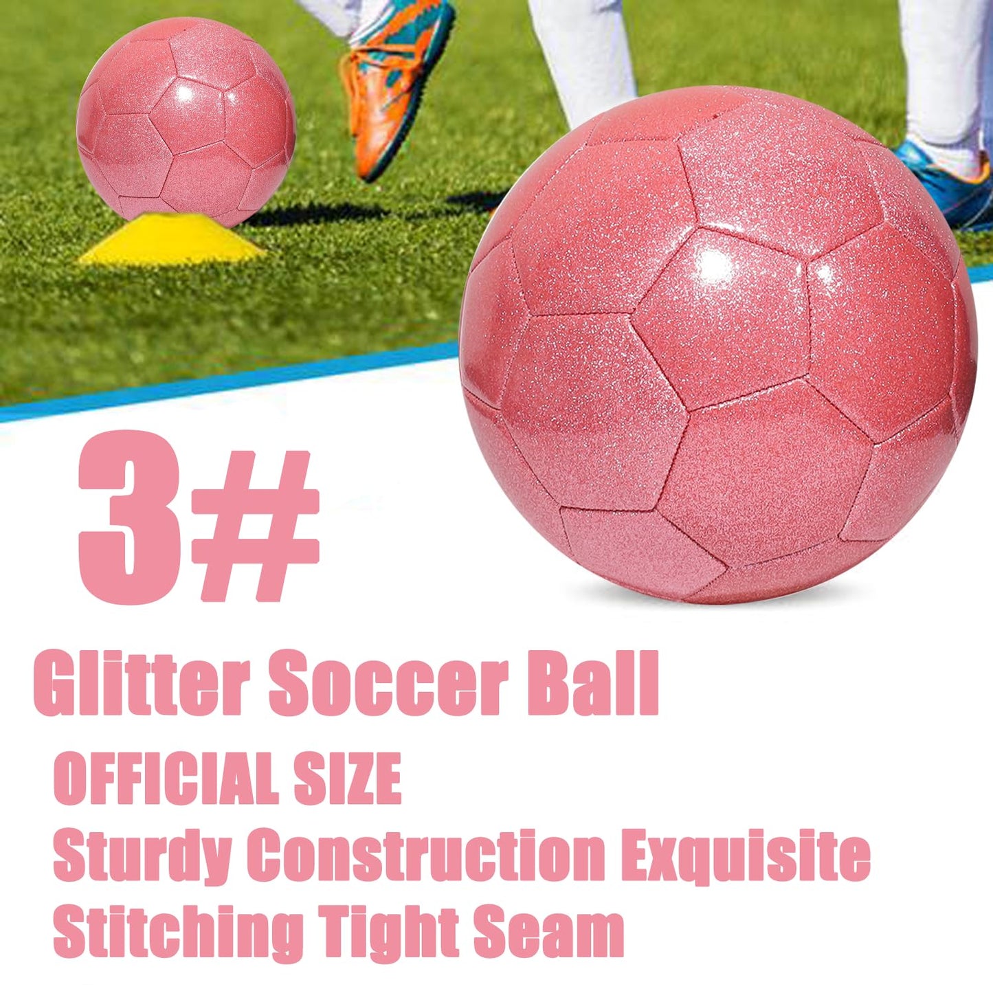DHYLRICHER Glitter Soccer Ball Set with Pump – Size 3 Pink Training Balls for Youth, Teens, and Adults – Soft Practice Ball for Beginners