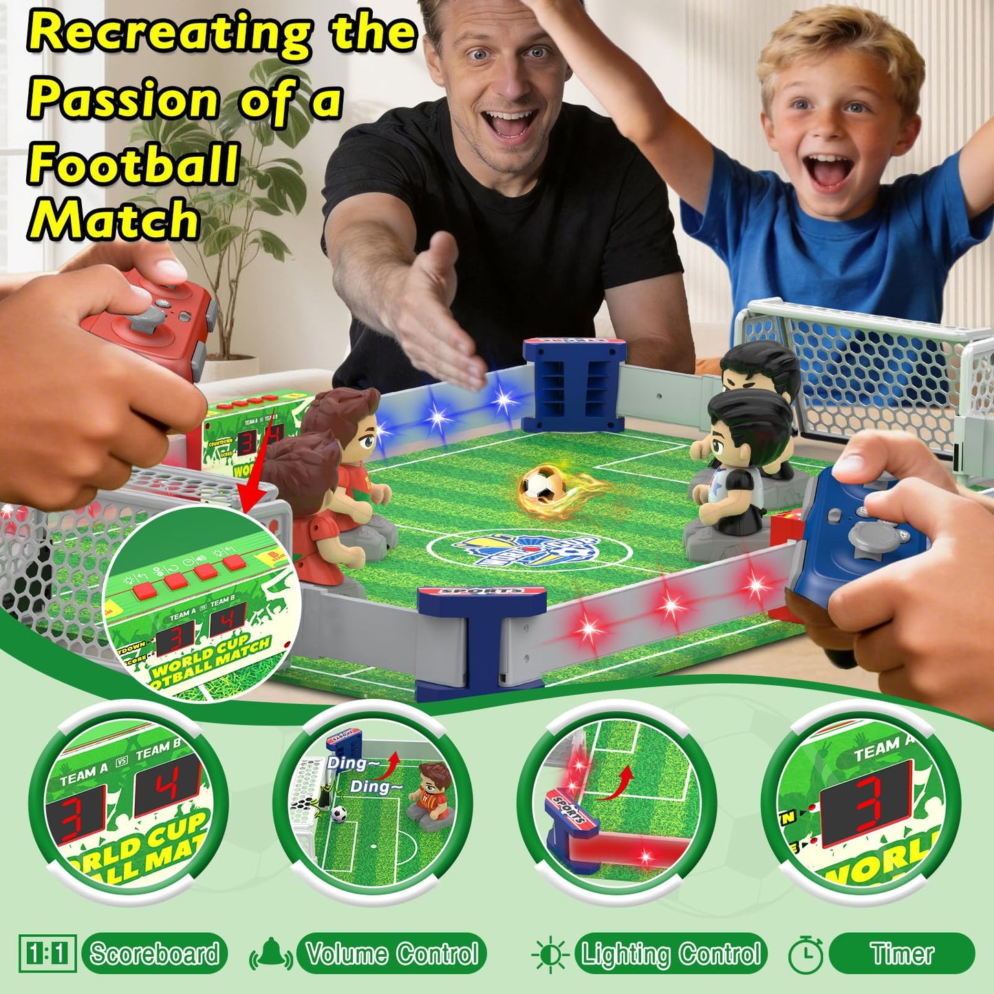 Cokzer Remote Control Soccer Toy, Foosball Table Game for Kids with 4 Remotes, 3 Balls, LED Scoreboard, Lights & Sound, Rechargeable RC Soccer Board Game for 1-4 Players Ages 6+