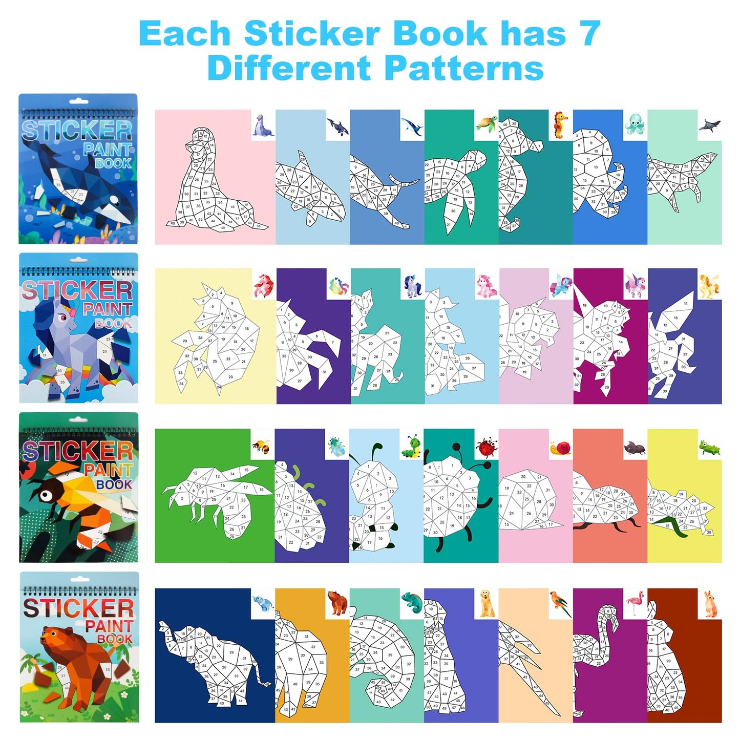 AEAHALY 4 Pack Paint by Sticker Kids Crafts for Kids Ages 4-8 Sticker by Number Books Boys and Girls Birthday Gifts Party Favor, Travel Toys for Toddlers Learning (Animal+Ocean+Insect+Horse)