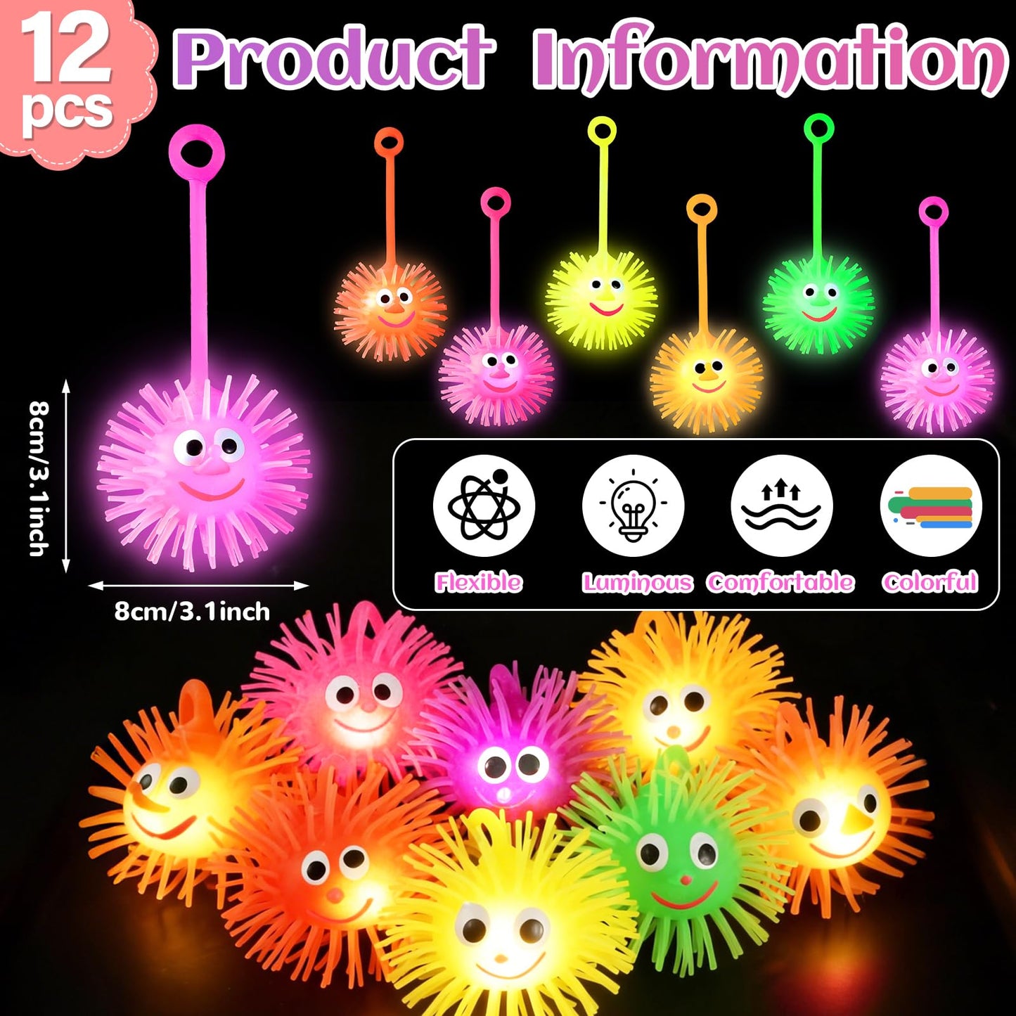 ClassyWhimsy 12PCS Light Up Balls for Kids 3.4 inch Puffer Bouncy LED Ball Flashing Sensory Glow in The Dark Toys Bulk Party Favors for Easter Basket Gifts Classroom Stuffer Sprizes Pinata Fillers