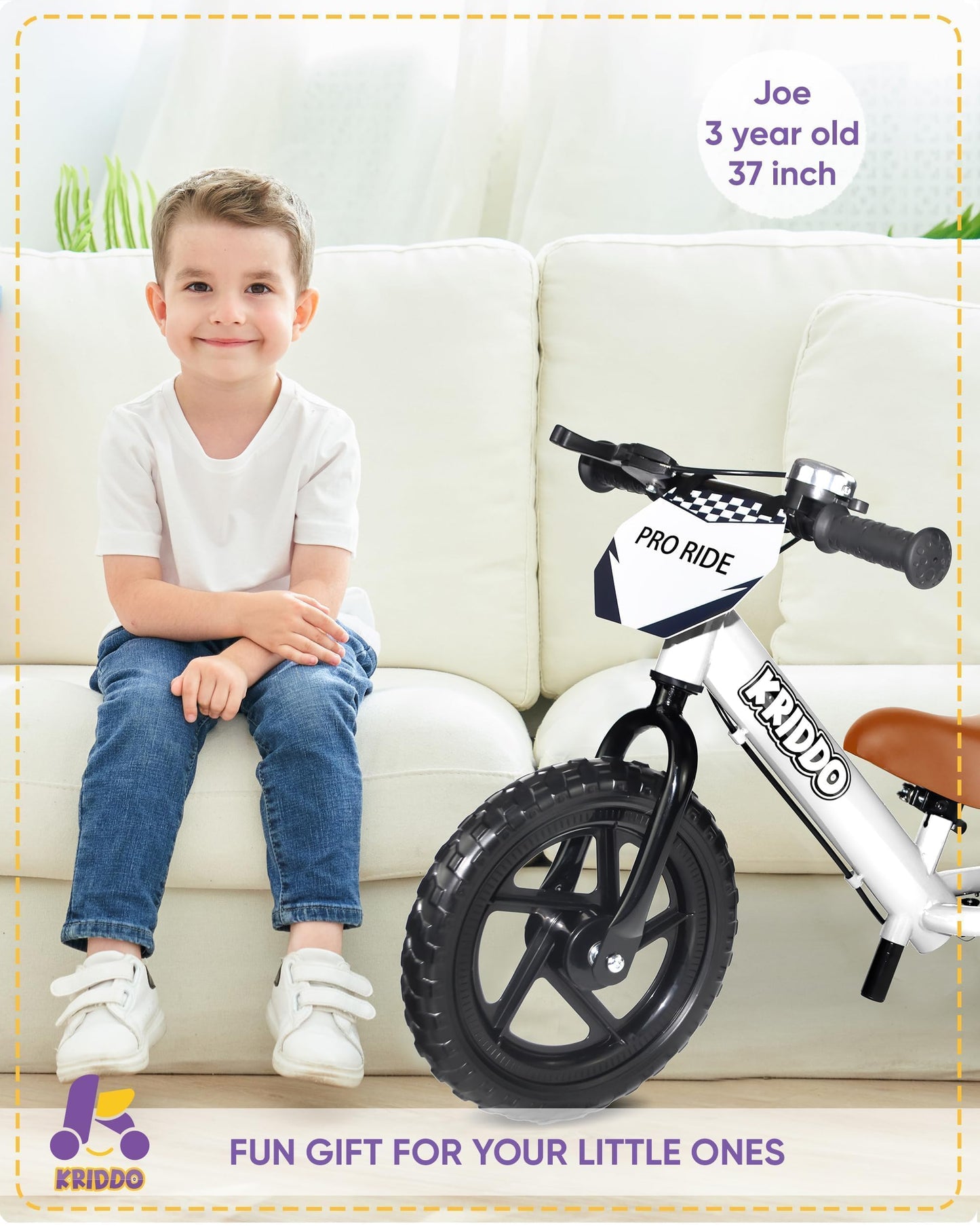 KRIDDO Pro Toddler Balance Bike 2+ Year Old with Hand Brake and Kickstand, 12 Inch Push Bicycle, Gift Bike for 2-5 Boys Girls, White