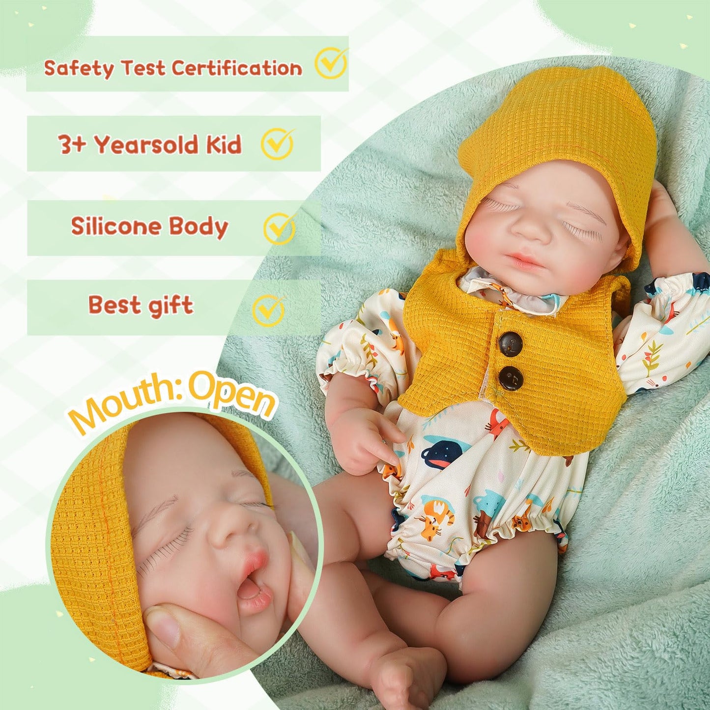 KUICEO Silicone Baby Doll-11.8in Reborn Baby Dolls Silicone Full Body Platinum Silicone[NOT Vinyl] Anatomically Correct Girl Realistic Sleeping Newborn Lifelike Preemie Open Mouth Doll Gift for Kids