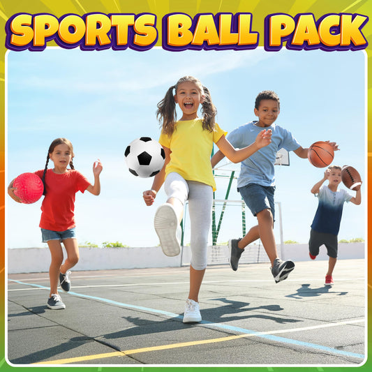 Sports Balls for Kids & Toddlers - (Pack of 4) 5-inch Sports Set Includes Football, Small Size Soccer, Basketball, and Playground Balls, Fun Indoors & Outdoor Toys (Hand Pump Included)