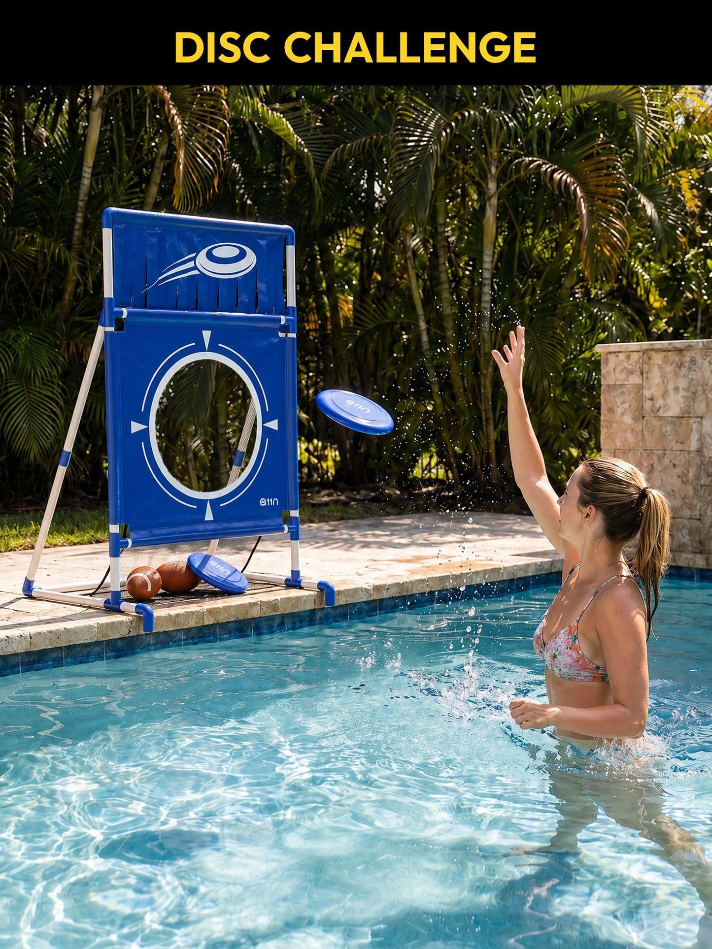 A11N SPORTS Poolside Target Game Set - 2-in-1 Outdoor Swimming Pool Toss Toy with Flying Discs & Foam Footballs, Backyard Water Party Games for Kids & Adults, Summer Fun Activities