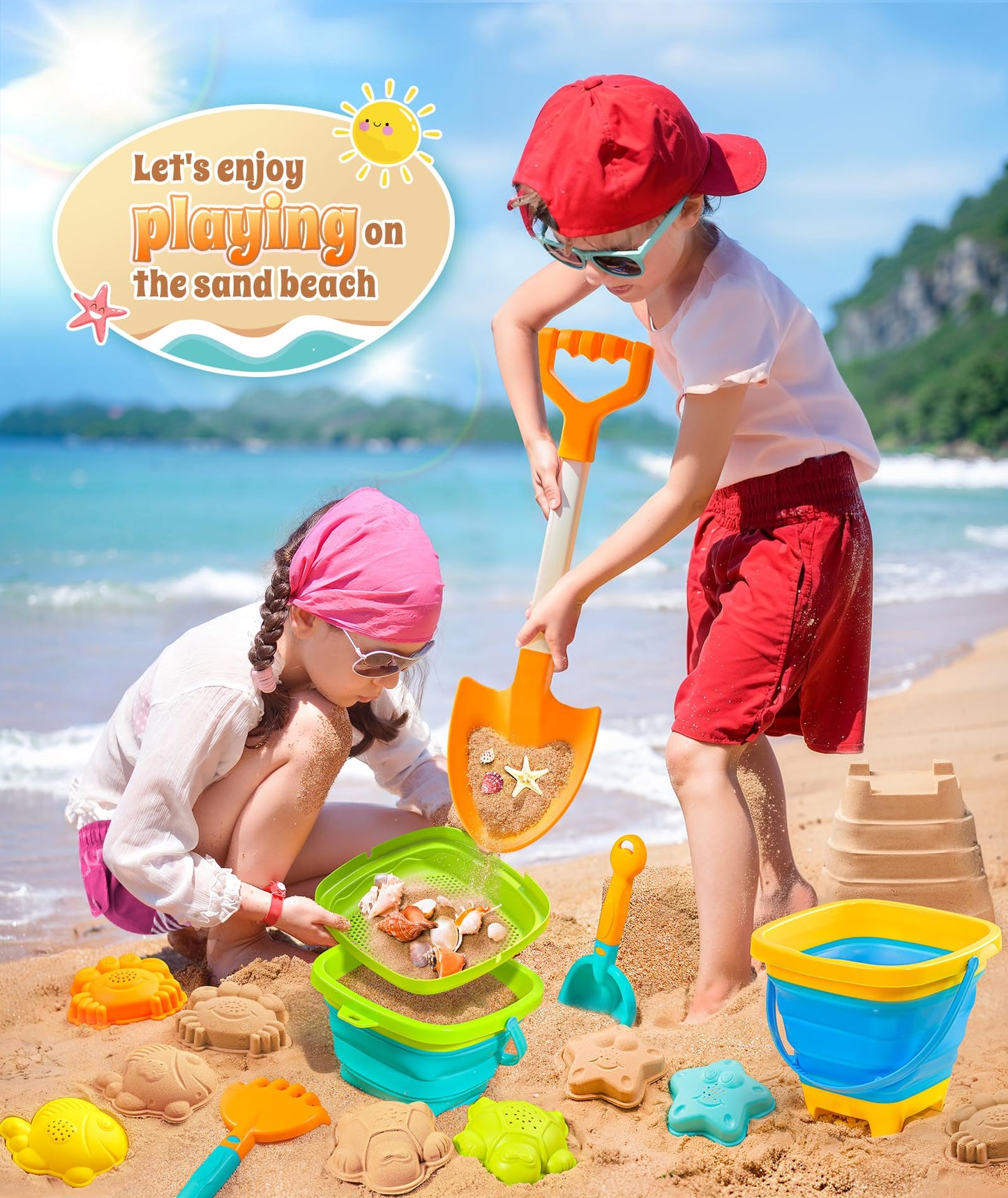 DUDUCOFU Collapsible Beach Sand Toys for Kids Toddlers, Collapsible Sand Bucket with Sifter Shovels Set with Mesh Bag and Sand Molds, Travel Beach Sandbox Toys for Boys Girls 3 4 5 6 7 8 9 10