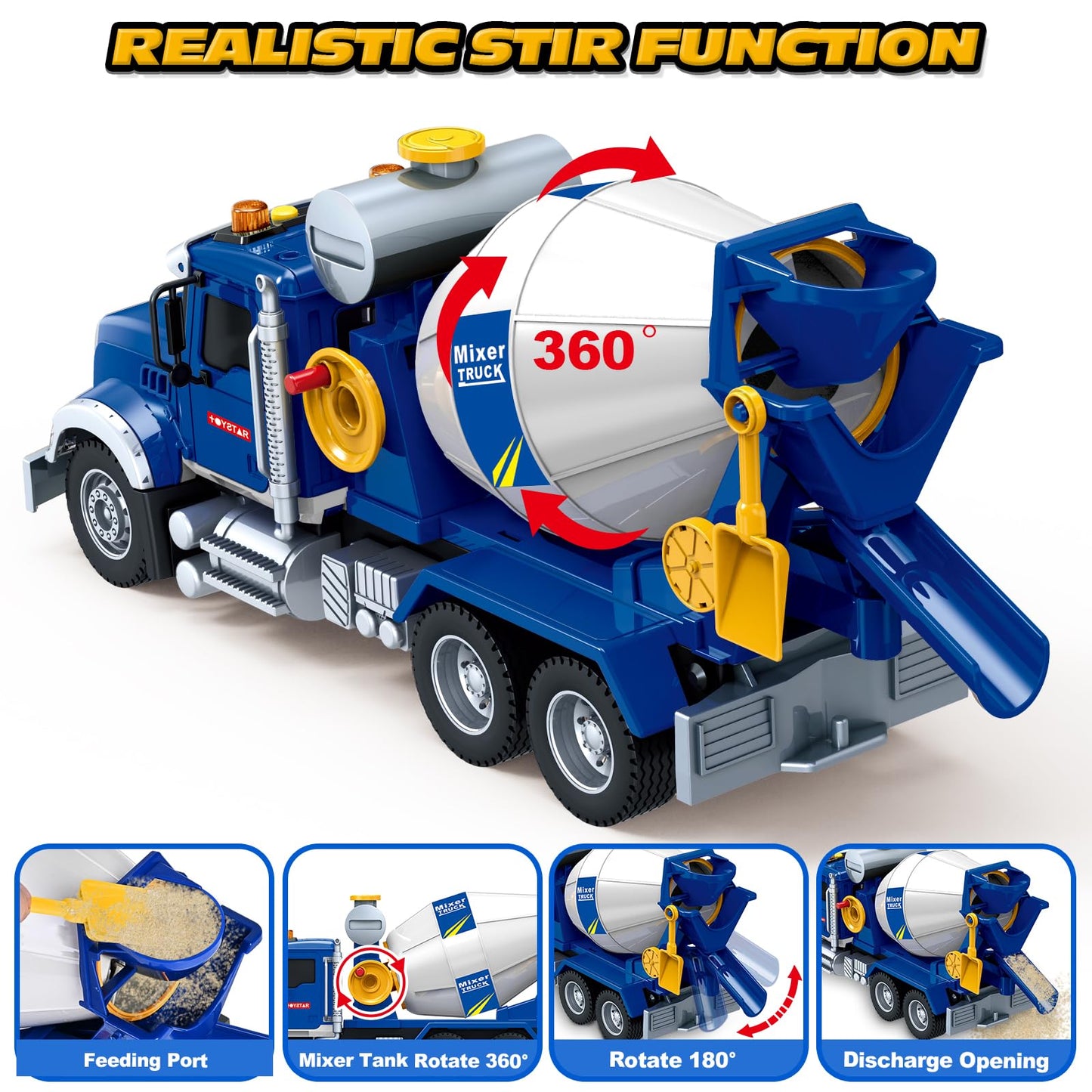 Bstoyder Kids Toys for 3 4 5 6 7 8 Years Old Boys, 15" Large Cement Mixer Truck Toy with Lights, Sounds, Blue Toddler Friction Powered Truck Vehicle Toy for Boys Girls Christmas Birthday Gifts