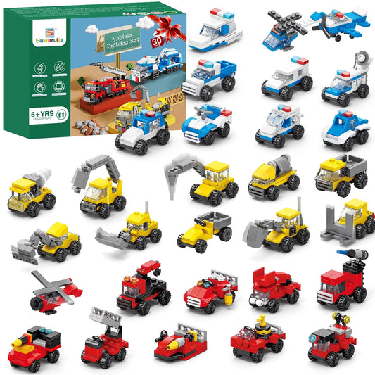 Sawaruita 30Pack Mini Cars Building Blocks Party Favors for Kids-Bulk Fire Truck,City Police Car,Construction Vehicle for Birthday Goodies Bag Easter Filling,Classroom Prizes for Boys 6-12