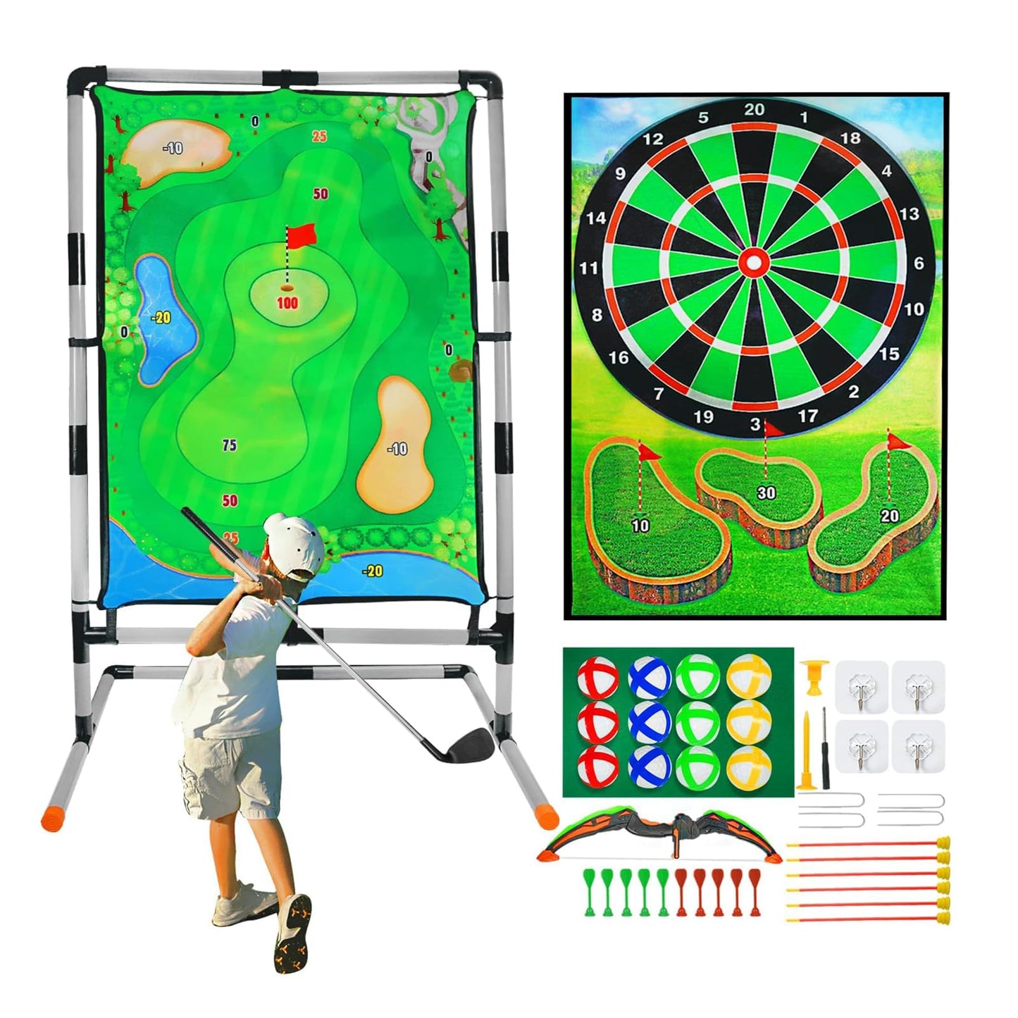 grnpeak Golf Chipping Game with Stand, Multi-Sport Golf Practice Set with Archery,Hatchet,Darts,Double-Sided Hitting Mat for Backyard Fun, Indoor/Outdoor Sports Toy for Kids & Adults