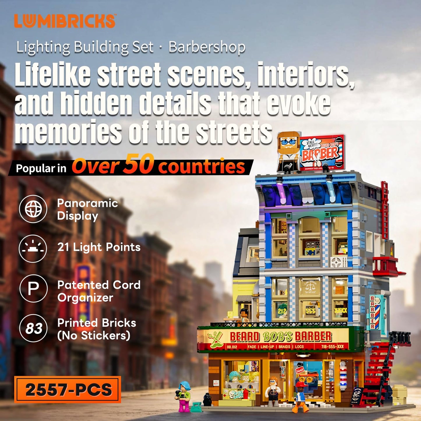 Lumibricks Barbershop Lighting Building Bricks Set - Street Fusion City Town Modular Playset Collection Display kit with Minifigures 2557 Pcs for Adults & Teens & Life Enthusiasts