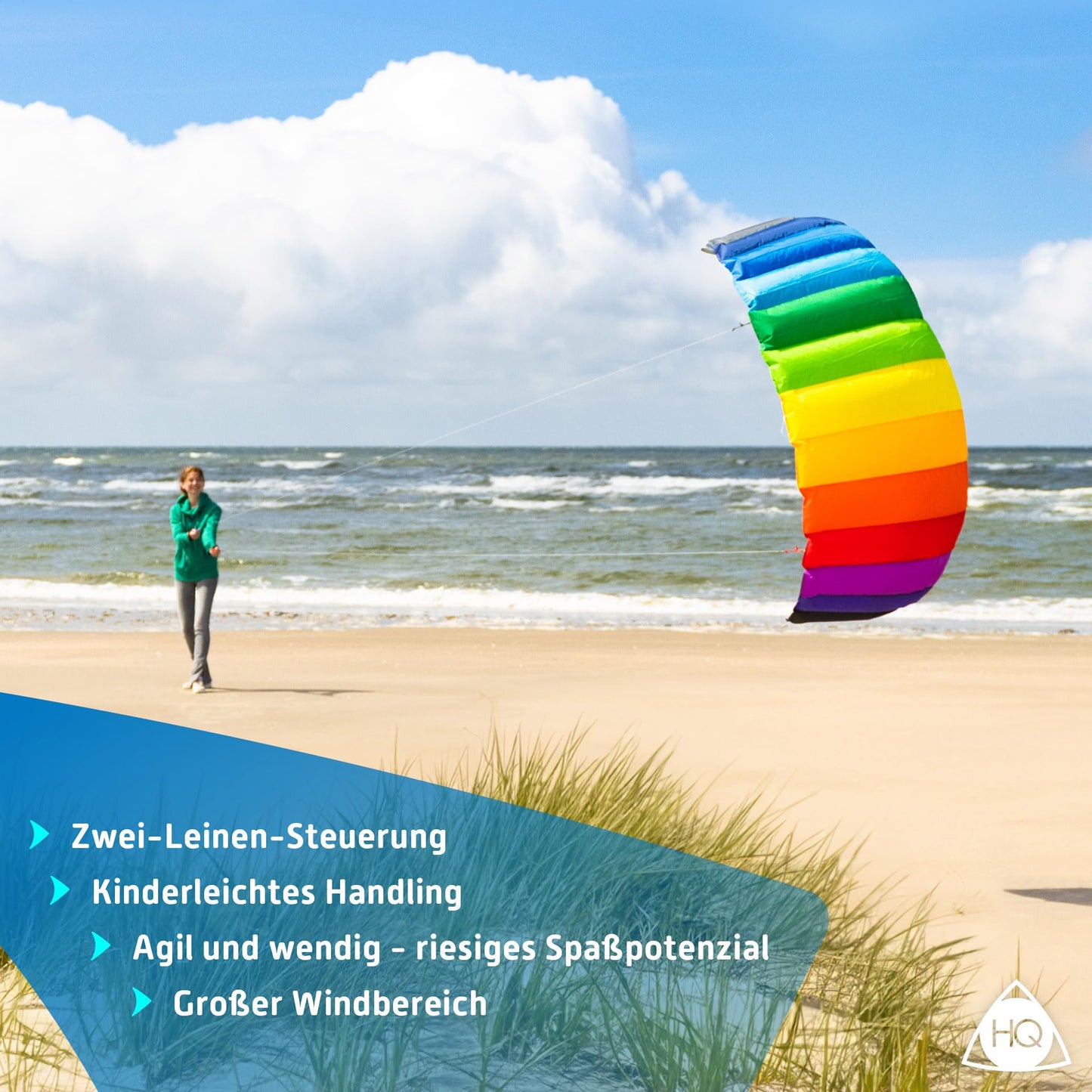 HQ Symphony Beach III 2.2 Stunt Kite, Rainbow, Dual Line Foil Sport Kite