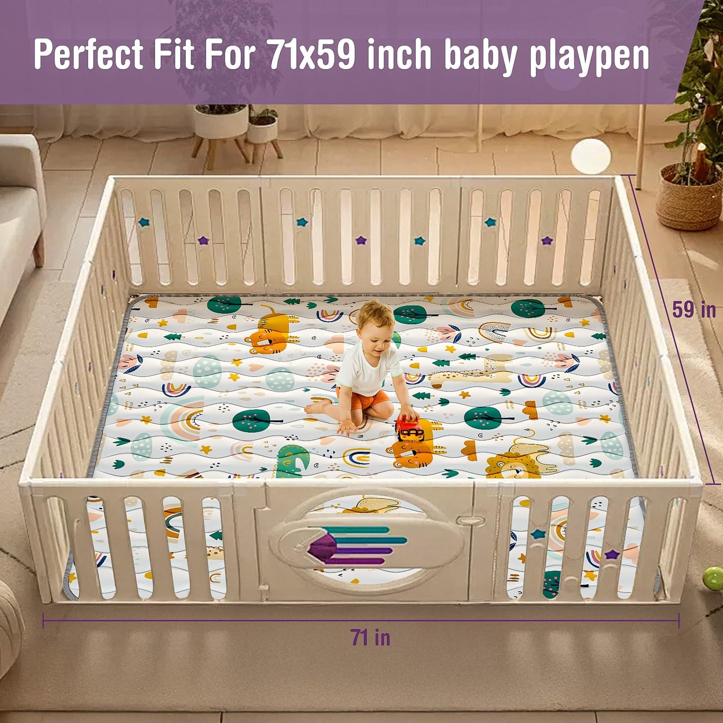 Baby Play Mat for Floor, 71"x59" Thickened Playpen Mat, Soft Non-Slip Baby Play Mat, Foldable & Machine Washable, Portable Waterproof Crawling Playmats for Infants & Toddlers, Rainbow and Animal