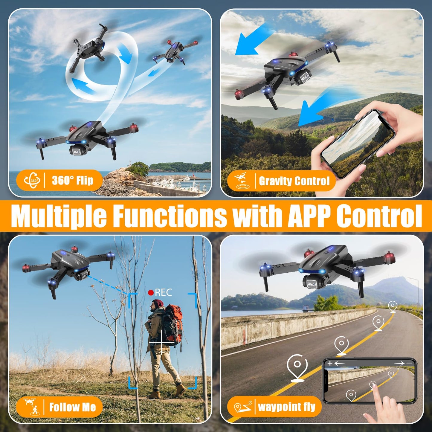 X-shop Drone with 1080P Camera for Kids Adults, Foldable RC Quadcopter with One Key Take Off/Land, Gesture Selfie, 3D Flip, 2 Batteries, Carrying Case, Toy Gift for Beginners