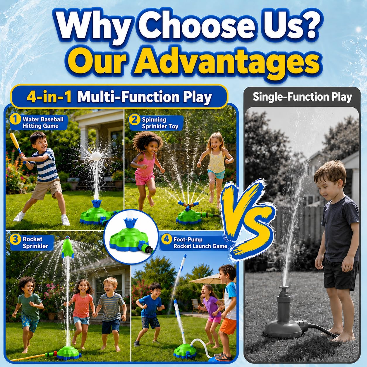 JKJRJJ 4-in-1 Water Sprinkler Toy for Kids,Backyard Outdoor Water Toys with Water-Spraying Rocket, Baseball Game, Rocket Launcher, Spinning Spray,Summer Yard Water Toys for Boys Girls Ages 4-12