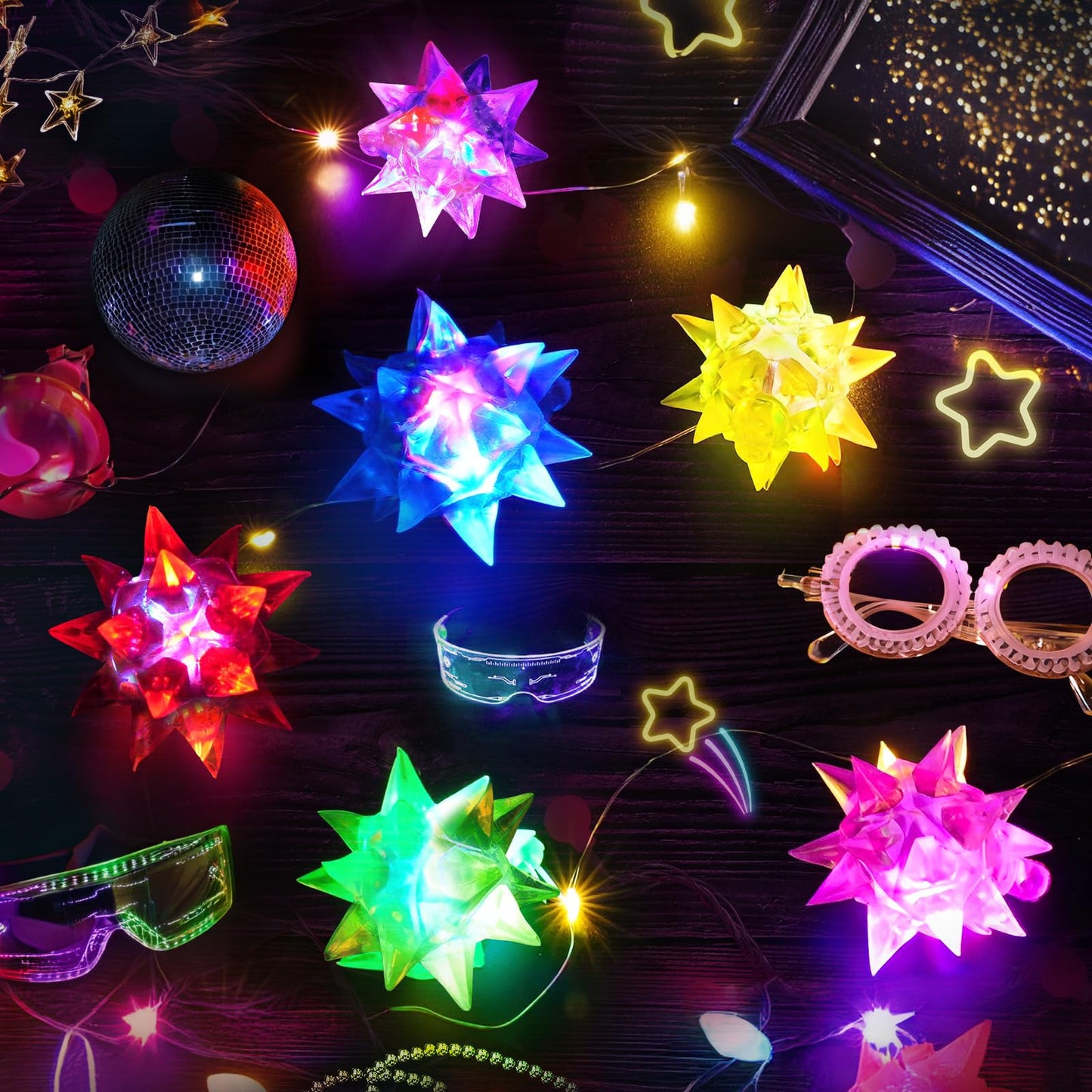 HONLYNE 48PCS Flashing Crystal Star Necklaces, Glow Necklaces Bulk Light up Party Favors, LED Glow in The Dark Party Favors for Kids Adults Birthday Glow Party Rave Halloween Goodie Bags Filler