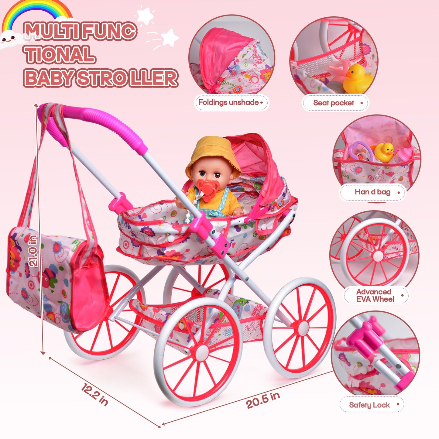 Baby Doll Stroller Set Toys with 12.5'' Baby Dolly, Baby Doll Accessories with Dining Chair&2 Set Clothes&Diaper Changing, Doll Playset for Kids, Pretend Play Girls Toys Gifts for Girls 3 4 5 Year Old