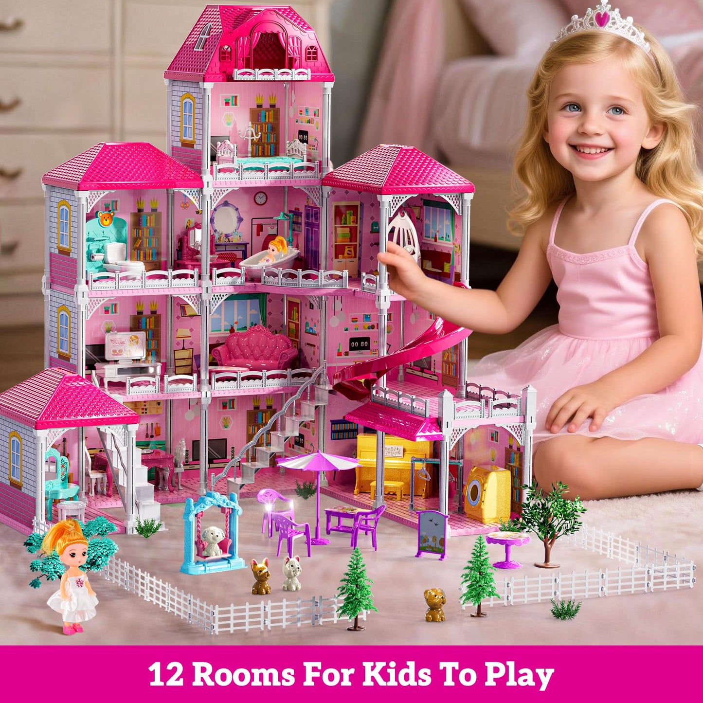 JUKUDAHU Villa Playset for Girls Ages 3-7, 4-Story 12 Room House with 2 Dolls, Furniture and Accessories, Indoor Playset Girls Toys for Ages 6-8, Pretend Toddler Toy, Birthday Gifts for Kids 4-8
