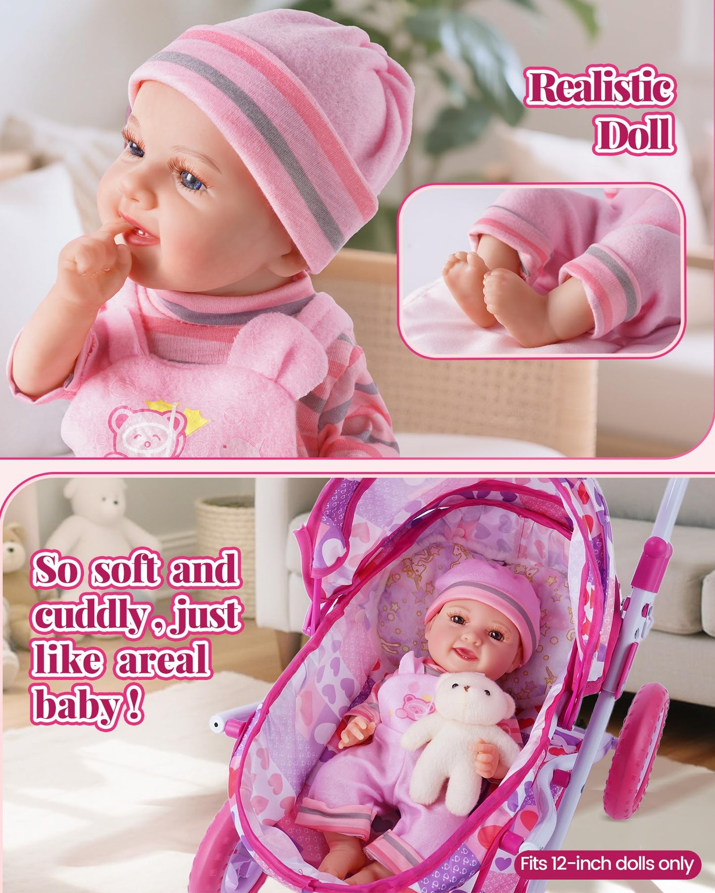 BABESIDE Baby Doll Stroller Set with 12 Inch Baby Doll, 14 Pcs Baby Doll Accessories, Folding Doll Pram Pretend Play Set, Feeding, Bath & Care Toys, Gift for Girls Ages 3yrs+