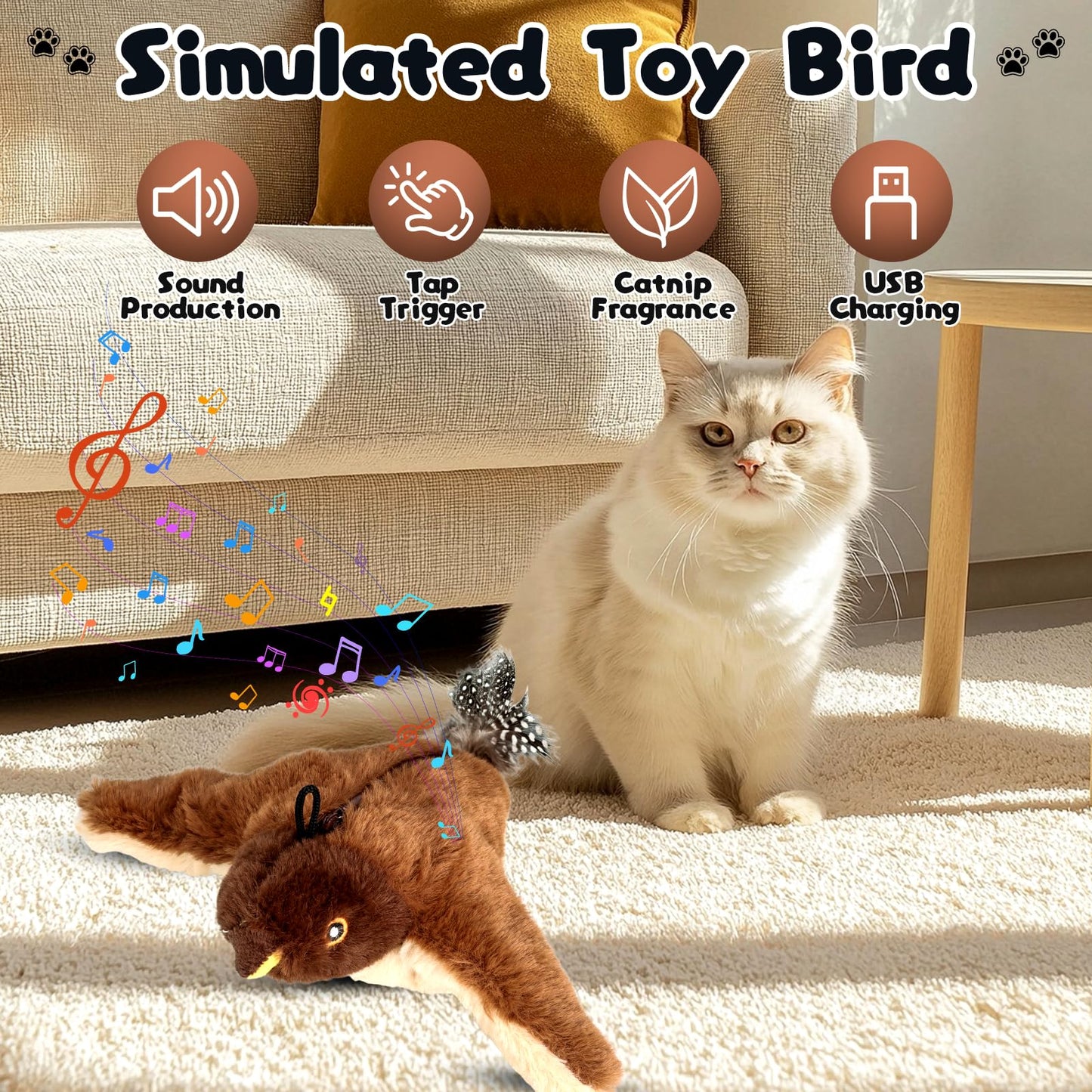 Pureadee Flappy Chase Cat Toy, 2026 New Interactive Chirping Flying Bird Cat Toy with Remote Control, Chirping Bird Cat Toy Flapping Wings, Flying Interactive Simulation Electric Cat Toy (Brown) (A)