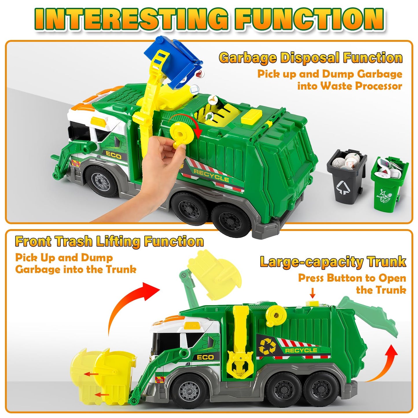 Large Garbage Truck Toy Set for Boys Ages 3 4 5 6 7 8, Kids Trash Truck with Sound, Light, Dumpster, Trash Bins and Learning Cards, Friction Powered Garbage Trucks Christmas Birthday Gifts for Toddler