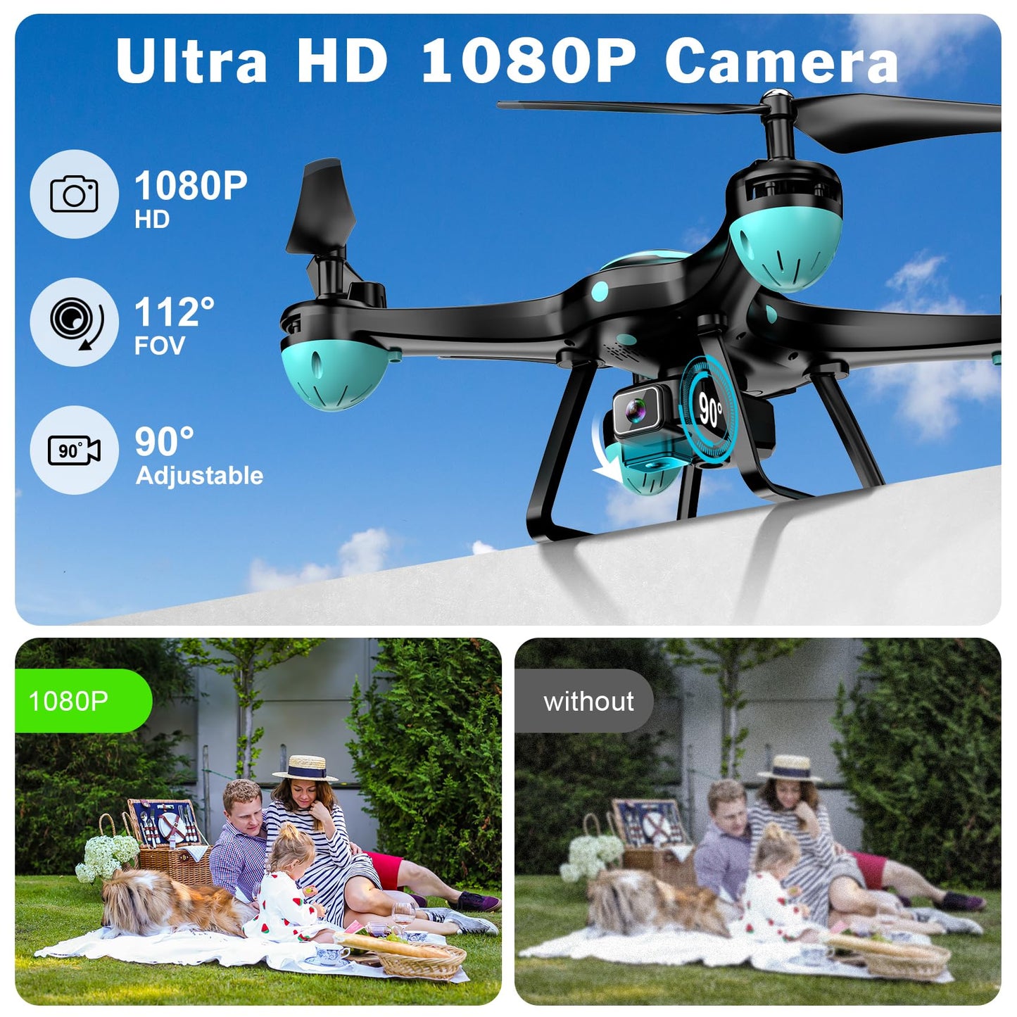 Drone with 1080P Camera, Remote Control Quadcopter with Gesture Selfie, Altitude Hold, One Key Start, 3D Flips, 2 Batteries, Black