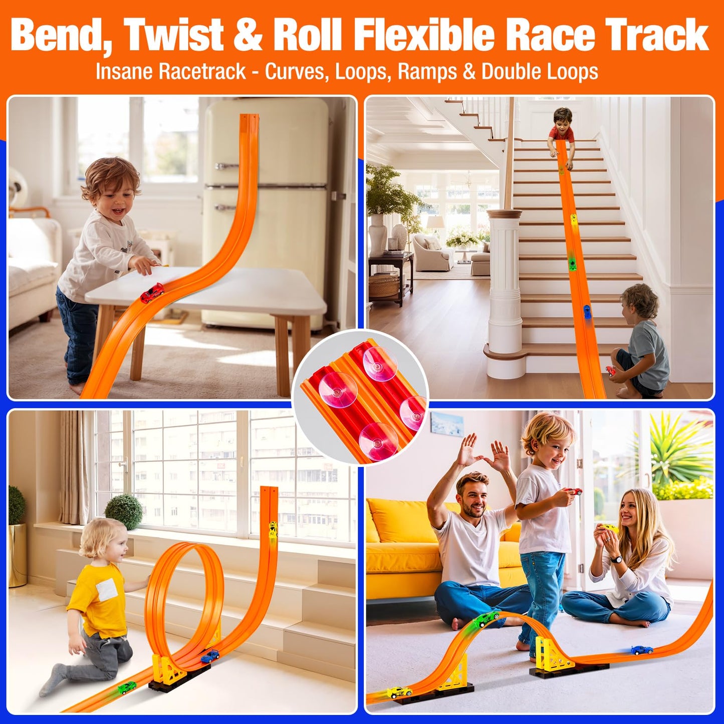 16.4 Ft Flexible Race Track for Kids Outdoor Toys Portable DIY Roll-Up Flex Race Car Track Compatible with Diecast 1/64th Cars Birthday Gifts Easter Basket Stuffers for Kids Boys Girls Ages 3+