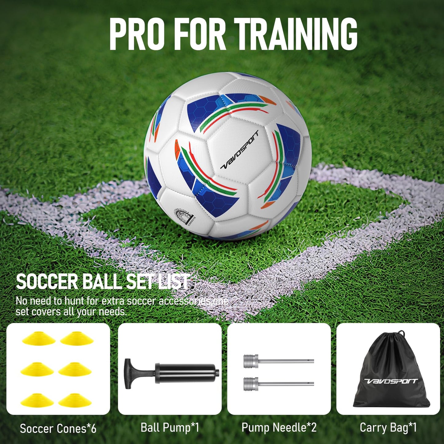 VAVOSPORT Soccer Ball Set – Official Size 3, 4, 5 Soccer Balls with Pump & 6 Cones, Waterproof TPU Leather Soccer Training Equipment, Youth & Adults, Gifts for Sports Play and Outdoor Games
