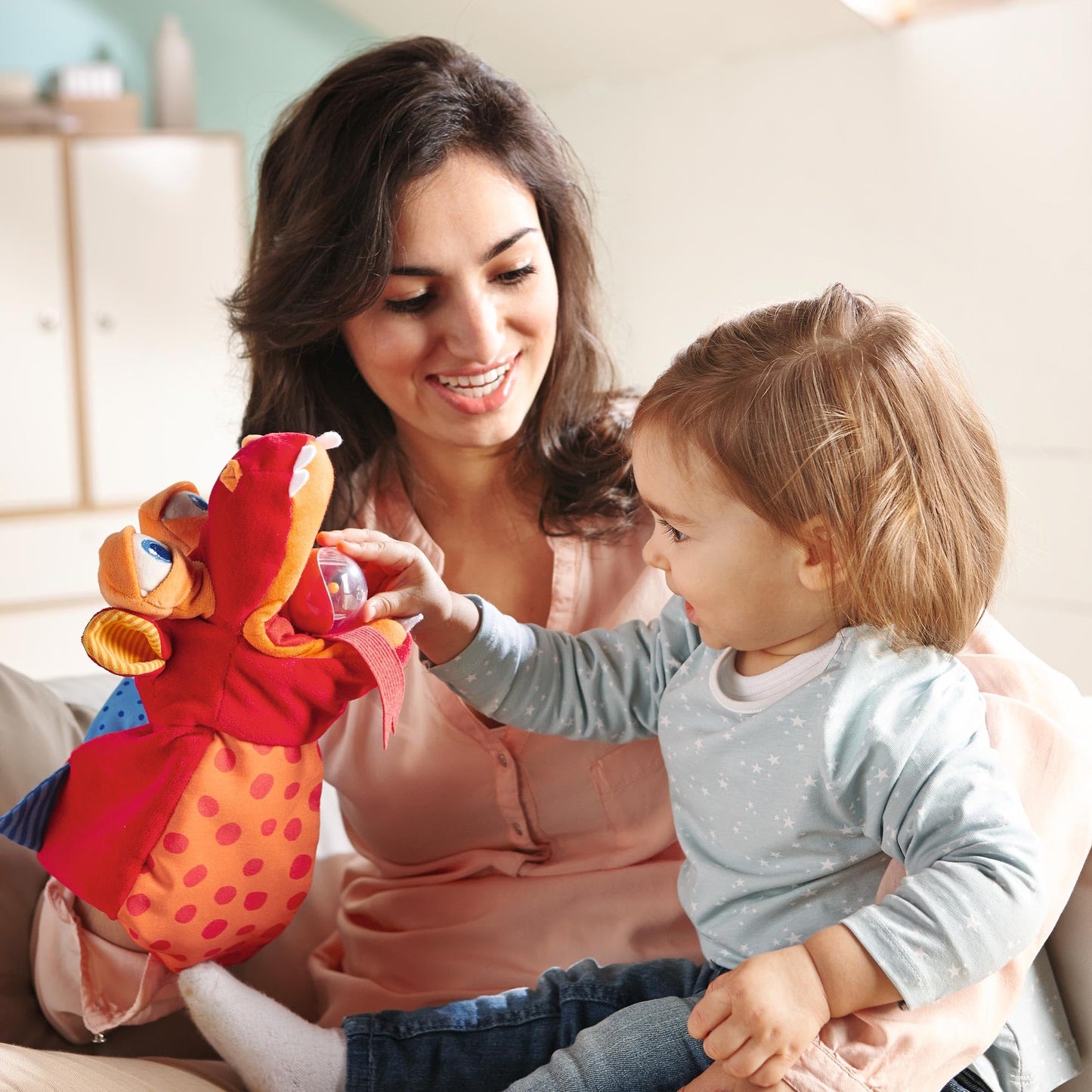 HABA Glove Puppet Eat it Up Dragon - Hand Puppet that Eats Small Objects, Perfect Toddler Toys for Ages 18 Months+, Sensory Hand Puppets, Preschool Toys