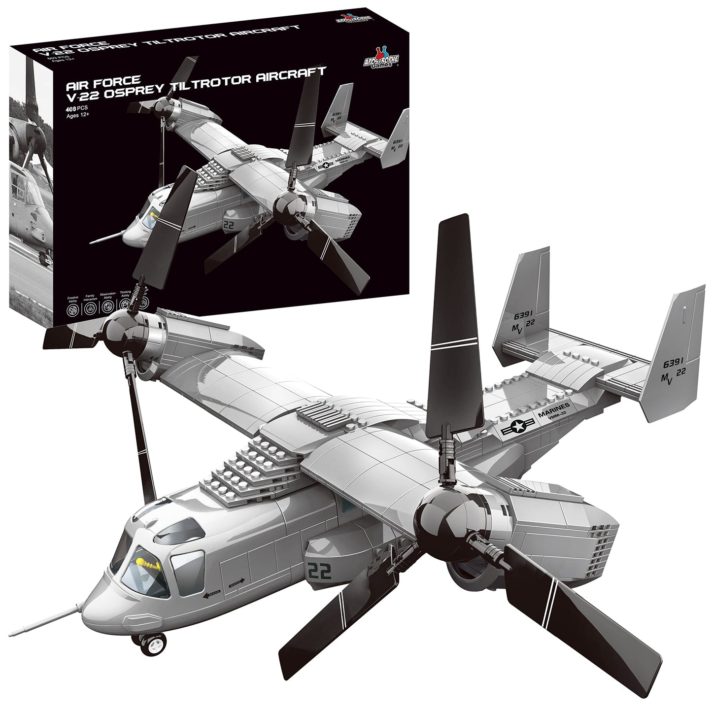 Apostrophe Games V-22 Osprey Tiltrotor Aircraft Building Block Set – 460-Pcs Plane for Kids Older Than 10 and Adults – Compatible with All Building Bricks