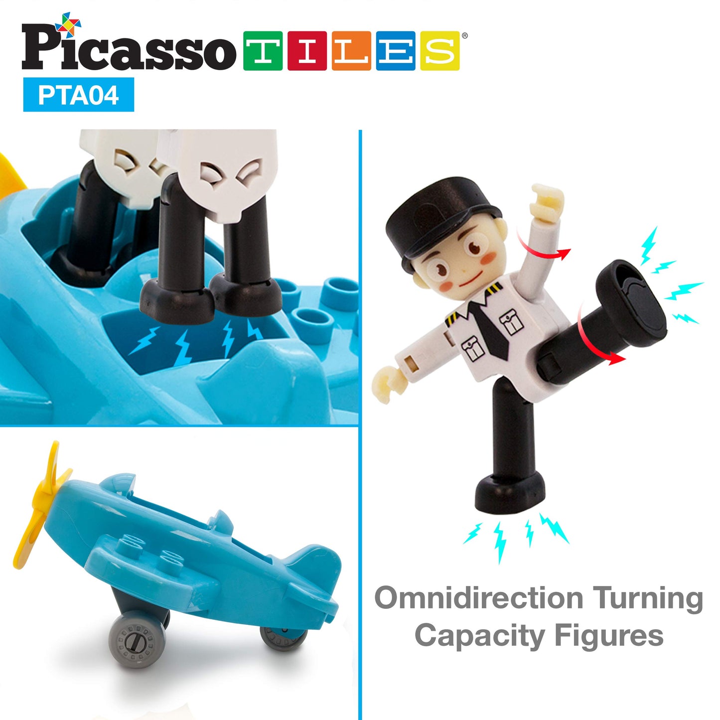 PicassoTiles Magnetic Figures 4 Piece Aircraft and Action Figure Magnet Airplane and Helicopter Expansion Pack Toddler Toy Set Educational Learning Kit Pretend Playset for Construction Building Block