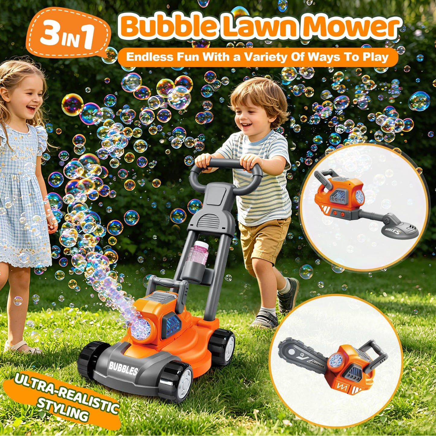 juman Bubble Lawn Mower for Kids, 3in1 Electric Bubble Machine with 10 Bubble Solution, Summer Outdoor Toddler Toys Bubble Blower with Lights, Party Birthday Gift for Boys Girls 3 4 5 6 7 8 Year
