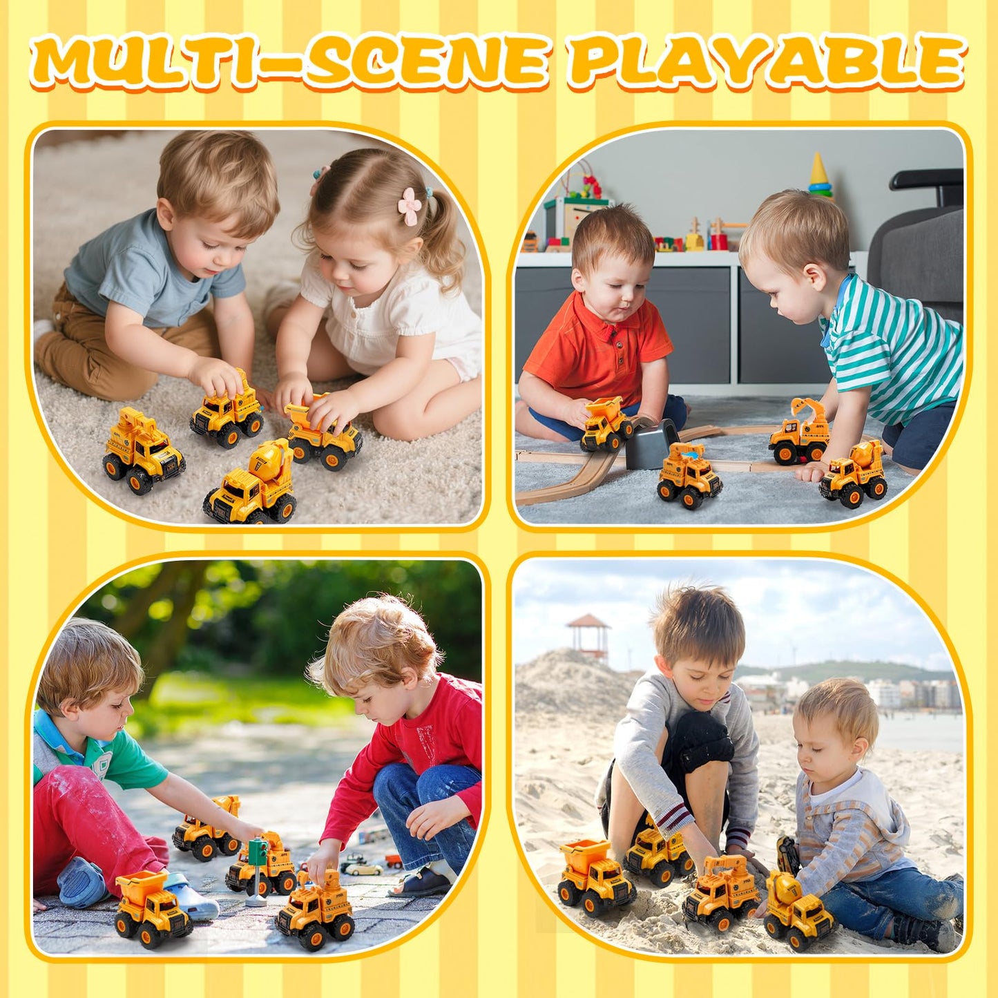 Lovinkiki Construction Truck Toys for Toddlers 1-3, Push and Go Toy Vehicles Set with Mixer, Dump Truck, Excavator, Bulldozer, Friction Powered Cars for Boys and Girls, Gift for 2 3 4 5 Year Old Kids