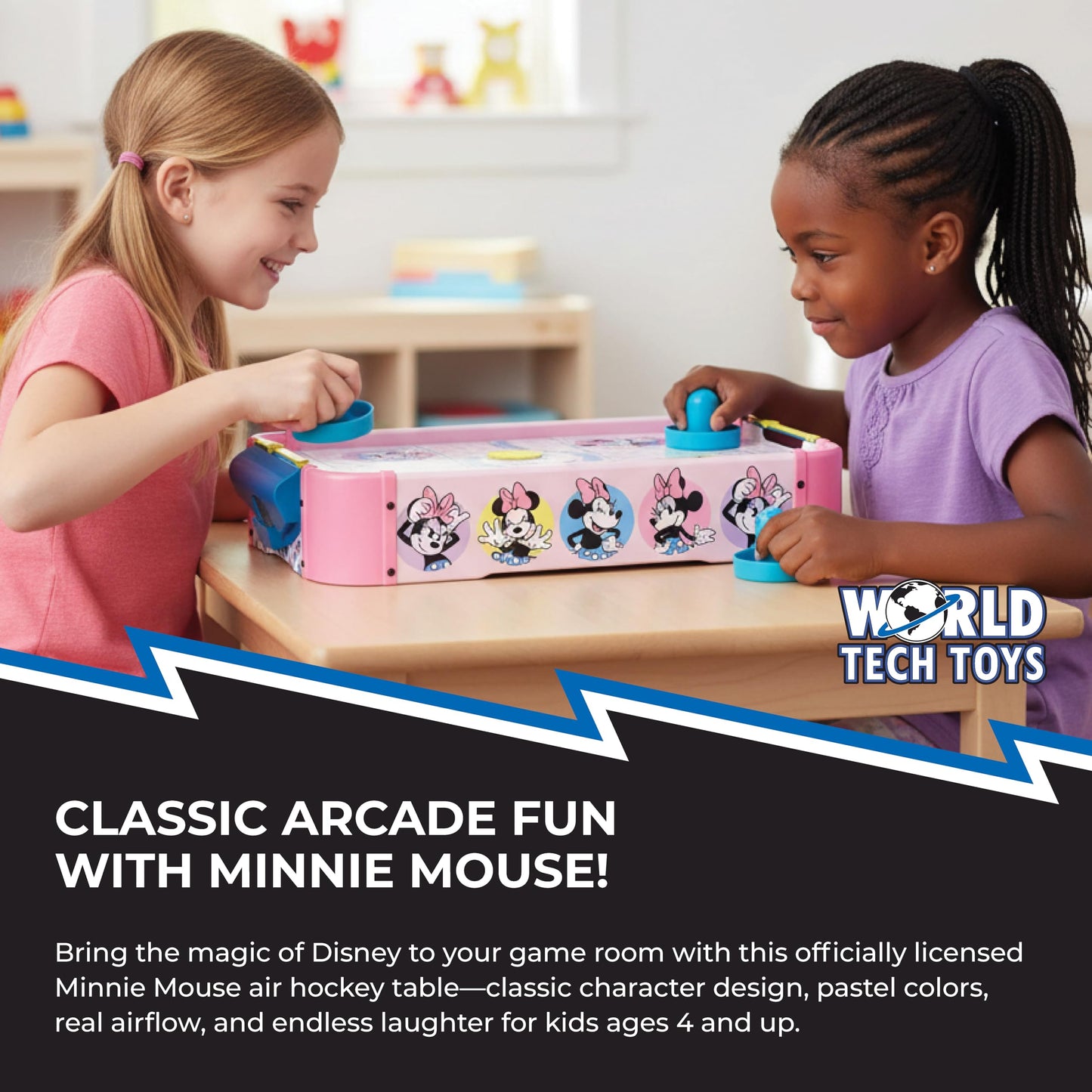Disney Minnie Mouse Air Hockey Table for Kids - Wooden Tabletop Game with Puck, Pushers & Air Flow System - Disney Toys for Kids 4+