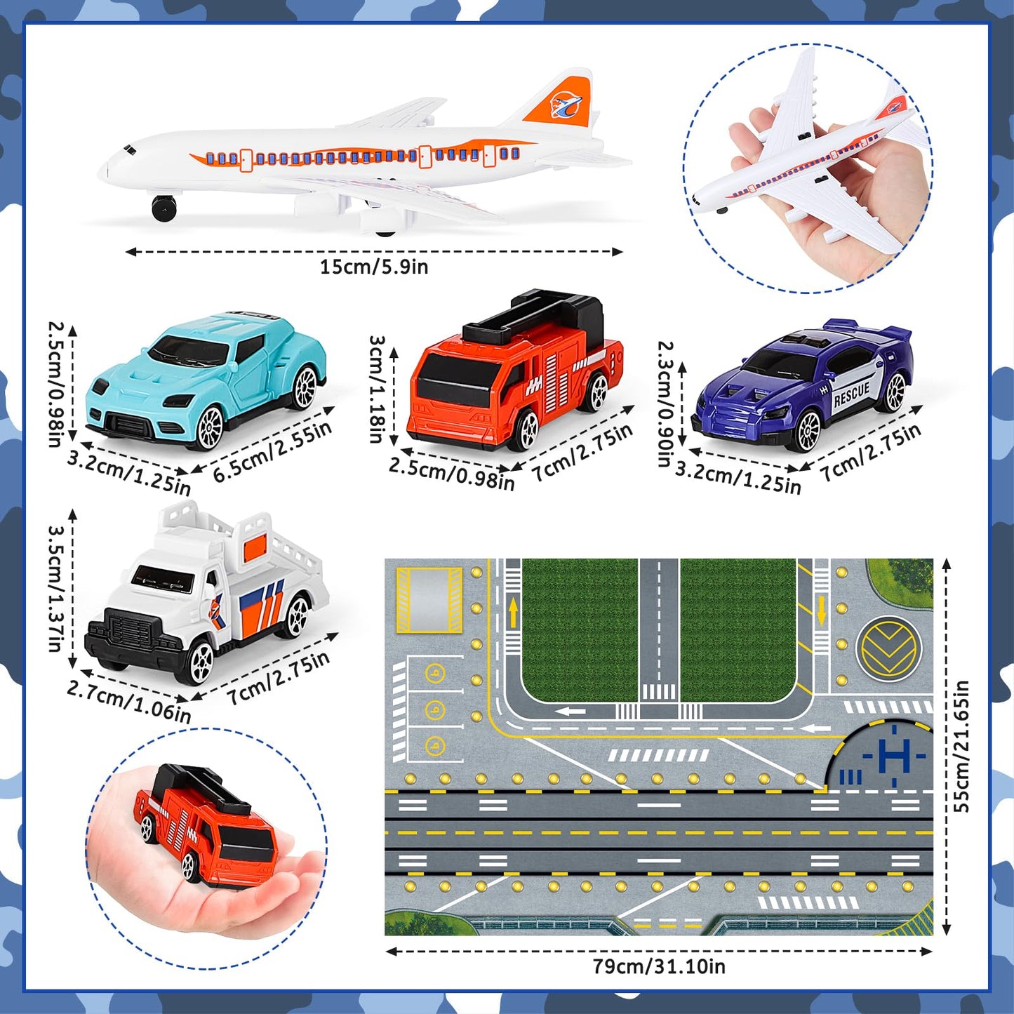 deAO Airplane Toys for Kids with Trucks, Helicopter,Planes, Signs,Fire Trucks Race Cars and Airport Playmat,Great Military Toys Gift for 3 4 5 6 Boys Girls Kids